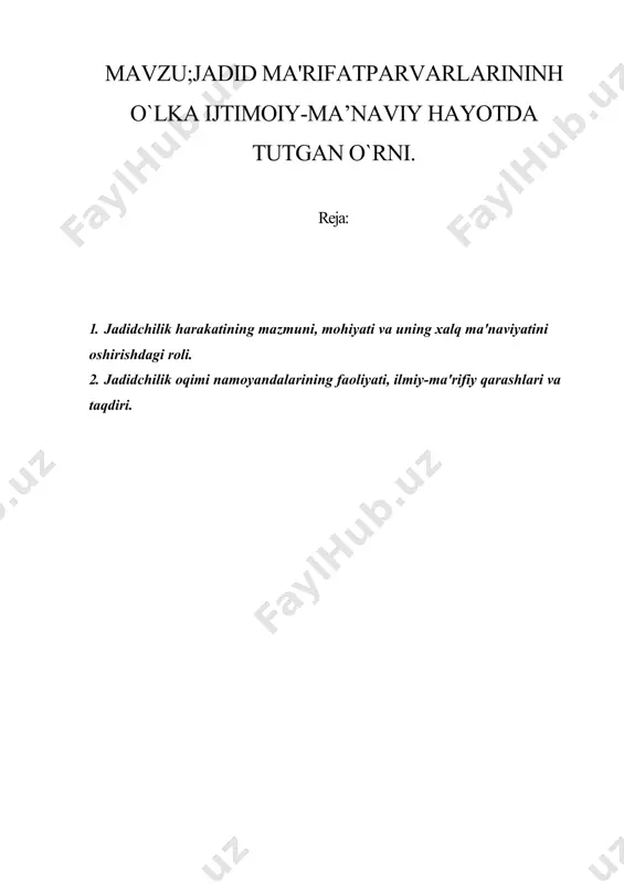 rafdorlarining kuchli qarshiligiga duch keldi. ijtimoiy, iqtisodiy va madaniy islohotlar yo'li bilan xalq va jamiyat hayotini yaxshilashga, madaniy yuksaklikka olib chiqishga qaratilgan dasturlarni bajarishga kirishildi. jadidchilik jamiyatni to'ntarish yo'li bilan emas, islo-hotlar yo'li bilan rivojlantirishni o'zining asosiy vazifasi deb belgiladi. jadidlar turkiston hududida uzoq davr mobaynida yuz bergan ijtimoiy-madaniy inqirozga barham berishga harakat qilganlar. shu maqsadda san'at, din, matbuot, maorif, adabiyot sohalarida islohot o'tkazish g'oyalarini ilgari surganlar. ular axloq-odob, e'tiqod, adliya, sog'liqni saqlash muammolarini qayta ko'rib chiqish, ijtimoiy-ma'naviy hayotning barcha sohalarini shakllantirishni maqsad qilib olgan edilar. istilo qilingandan so'ng ta'lim-tarbiya sohasidagi tanazzul yanada chuqurlashdi. endilikda turkistondagi maktab va madrasalar maxsus yollangan ba'zi bir ayg'oqchilar tomonidan taftish qilinib, ularning faoliyati noto'g'ri talqin etilar, ta'hm maskanlarida turli bid'atlar rasm qihnardi. vaqf mulklarini qisqartirish yo'li bilan bir qancha madrasalar yopib qo'yildi. umuman, chor hukumati ma'muriyati o'lkadagi eski maktab va madrasalarga nisbatan turli xil kurash usullarini qo'llay boshladi. 1890-yildan boshlab idoraviy yo'l bilan nazorat …
