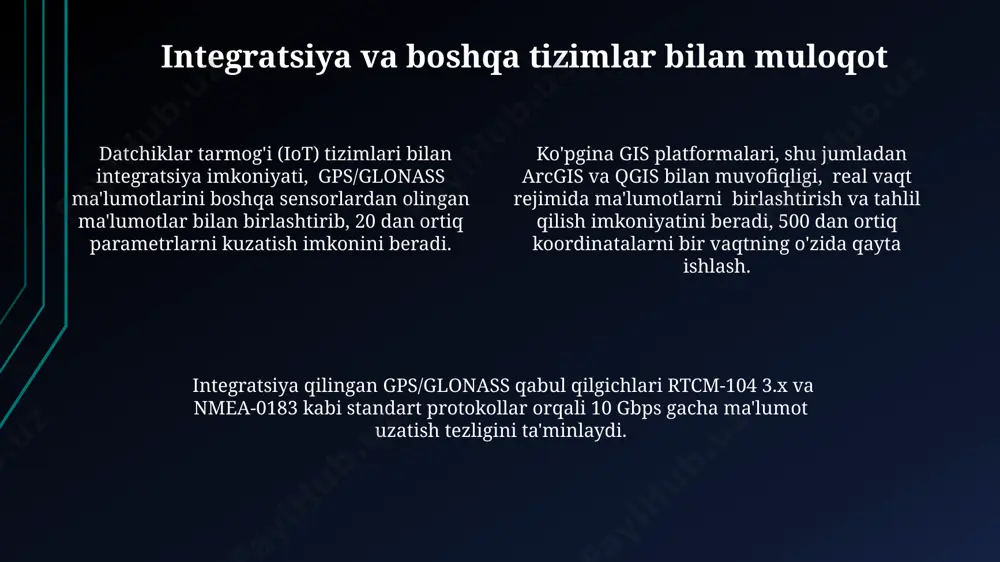 ning bir nechta yo'ldan qabul qilinishi, 1-5 metrgacha xatolik keltirib chiqarishi mumkin; bu ta'sirni signalni qayta ishlash algoritmlarini optimallashtirish orqali bartaraf etish mumkin. atmosfera ta'siri, ionosfera va troposfera kechikishlari tufayli 10-20 metrgacha bo'lgan xatoliklar yuzaga kelishi mumkin, ularni differensial gps texnologiyalari yordamida kamaytirish mumkin. qabul qilgich soatining noaniqligi 1 metrdan ortiq xatoliklarga olib kelishi mumkin; yuqori aniqlikdagi atomiy soatlar yoki soat sinxronizatsiyasi usullarini qo'llash orqali bu muammoni hal qilish mumkin. gps/glonass o'lchov dasturlari umumiy ko'rinishi ko'pgina gps/glonass dasturlari navigatsiya ma'lumotlari bilan bir qatorda, balandlik, tezlik va yo'nalish kabi qo'shimcha parametrlarni aniqlaydi va ularni xaritalarda, grafiklarda yoki jadvallarda 10 hz gacha tezlikda ko'rsatishi mumkin. gps/glonass o'lchov dasturlarining ba'zilari, differentsial korreksiya texnologiyalari (masalan, rtk) ni qo'llab-quvvatlab, o'lchov aniqligini santimetrgacha oshirish imkoniyatini beradi va shu bilan birga kamida 5 ta turli formatdagi ma'lumotlarni eksport qilishni ta'minlaydi. gps/glonass o'lchov dasturlari, signalning kuchini va aniqligini (odatda santimetr darajasida) ko'rsatuvchi real vaqtda ma'lumotlarni taqdim etadi, shuningdek, …