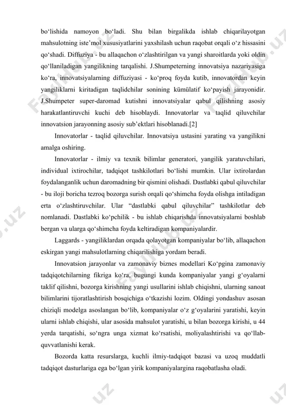 shtirishi va qo‘llab-quvvatlanishi kerak. bozorda katta resurslarga, kuchli ilmiy-tadqiqot bazasi va uzoq muddatli tadqiqot dasturlariga ega bo‘lgan yirik kompaniyalargina raqobatlasha oladi. genri chesbro tomonidan “yopiq innovatsiya” paradigmasi deb nomlangan ushbu paradigma kompaniyalarni faqat o‘zlariga ishonishga majbur qildi. ular ilmiy-tadqiqot ishlariga pul sarfladilar, buning natijasida ulkan kashfiyotlarni oldilar.[3] ushbu kashfiyotlar kompaniyalarga yangi mahsulot va xizmatlarni taklif qilish, mahsulotlarning yuqori sotuv hajmiga erishish va undan katta foyda olish imkonini berdi. ular katta ilmiy-tadqiqot ishlariga sarmoya kiritdilar va bu yana keyingi kashfiyotlarga olib keldi. ichki ilmiy-tadqiqot ishlaridan kelib chiqadigan intellektual mulk ehtiyotkorlik bilan himoyalanganligi sababli, boshqa kompaniyalar ushbu g‘oyalardan foyda olish uchun foydalana olmaydilar. “yopiq innovatsiya” paradigmasi doirasida ilmiy-tadqiqot ishlarini boshqarish quyidagicha: kompaniya chegarasi:asosiy texnologik yutuqlar ilmiy-tadqiqot va innovatsionlarning o'sishi yangi mahsulotlar foyda va sotish xajmining o’sishi. ushbu paradigmaning asosi shundaki, barcha jarayonlar faqatgina ichki qarorlarga tayanib, kompaniya ichida sodir bo‘lishidir. ushbu paradigma xx asrda ancha ishonchli ishladi. keyingi yillarda yopiq innovatsiyalarning asosiy …
