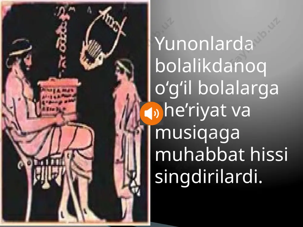 dengiz va begona yurtlarda sarson bo'ladi. xix asrning oxirida nemis olimi genrix shlimann gomer hikoyalarim tadqiq qilib, troya joylashgan yerm hisoblab chiqdi. 1870- yilda oiim turkiyadagi hisorlik tepaligi xarobalari hududida qazishma ishlarini bosh­lab yubordi, chindan ham troya qoldiqlarini topdi. qadimgi yunon teatrlari maydoni o'lchamlari kattaligi bilan ajralib turgan. afina teatri 17 ming tomoshabinga mo'ljallangan edi. 0‘zaro kurash namoyish etilgan, odatda qatna- shuvchi kishilar halok bo'lishi bilan tugaydigan pyesa­lar tragediya deyilgan. “shoh edip” va “antigona” sin­gari eng mashhur tragediyalarni sofokl yozgan edi. ajoyib qochiriqlar, quvnoq sahnalar, nozik yumor- ga boy komediyalar esa inson nuqsonlari ustidan ku- ladi. aristofan komediyalar ustasi edi. “arilar”, “qush­lar”, “baqalar” degan mashhur komediyalarni ana shu muallif yozgan. haykallar va boshqa haykaltaroshlik asarlari faqat saroy a’yonlari uylarini bezamasdan, ayni mahalda sha­har maydonlari, ibodatxonalar, hammaga ochiq to- moshabog'lar va stadionlarni ham bezab turar edi. 20 akropol markazida parfenon bunyod etildi. par­fenon yunonistondagi eng a’lo marmar toshlardan qurilgan e’tiboringiz uchun …