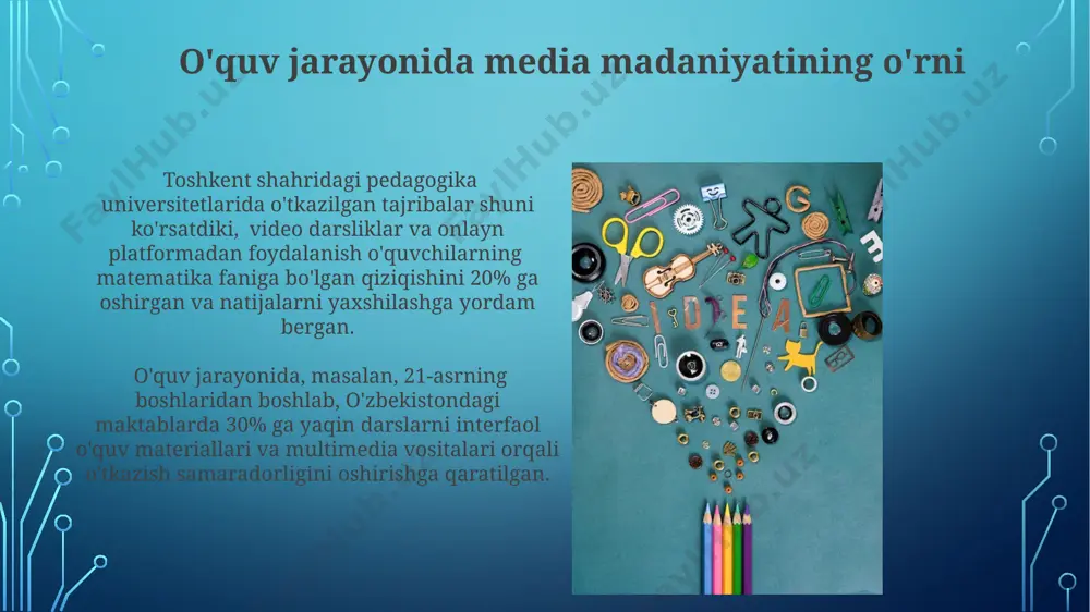 bo'yicha samarali dasturlar, masalan, toshkent shahridagi 5 ta maktabda qo'llanilgan interaktiv o'quv materiallari yordamida, o'quvchilarning 30% da axborotni tanqidiy tahlil qilish ko'nikmalarini 20% ga oshirdi. jahon bankining hisobotiga ko'ra, 2024-yilga kelib, qoraqalpog'iston respublikasida media savodxonligi dasturlariga 1 million aqsh dollari miqdorida mablag' ajratilishi rejalashtirilgan bo'lib, bu ta'lim tizimining sifatini yaxshilashga yordam beradi. o'qituvchilarning raqamli savodxonligi "google classroom" va "zoom" kabi platformalardan foydalanish bo'yicha o'qituvchilarning malakasini oshirish dasturlari samarqand va toshkent shaharlarida 2022-yildan buyon amalga oshirilmoqda, ammo qamrov darajasi hali past. raqamli savodxonlik darajasini aniqlash uchun o'tkazilgan test natijalariga ko'ra, farg'ona viloyatida 30% o'qituvchi multimedia resurslarini dars jarayoniga integratsiya qilishda qiyinchiliklarga duch kelmoqda. interaktiv o'quv materiallarini yaratish hindistonning bangalore shahridagi tadqiqotlar shuni ko'rsatdiki, interaktiv o'yinlarga asoslangan o'quv materiallari 70% ga yaqin bolalarni jalb qiladi va ularning bilim darajasini 20% ga oshiradi. 2023-yilda o'zbekistonning 5 ta oliy ta'lim muassasasi interaktiv o'quv materiallarini yaratishda gamifikasiya texnologiyalaridan foydalanib, talabalarning ishtiroki 30% ga oshganligini qayd …