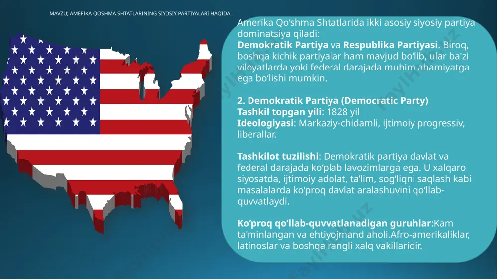 satga kirishiga turtki bo‘lgan. kamala harris — aqshning 49-vice-prezidenti va aqsh tarixidagi birinchi ayol, birinchi qora tanli, birinchi osiyolik-amerikalik vice-prezident sifatida tanilgan siyosatchi. u joe bidenning prezidentlik davrida 2021-yildan boshlab vice-prezident lavozimida ishlamoqda. kamala harrisning siyosiy va shaxsiy hayoti juda rang-barang va ko‘plab tarixiy jihatlarga ega.shaxsiy hayoti:tug‘ilgan sana: 1964-yil 20-oktabr, oakland,kaliforniya, aqsh.oilasi: kamala harris indiyalik onadan va yugoslaviya aslli qora tanli otadan tug‘ilgan. onasi, shyamala gopalan — biolog bo‘lib, hindistondan aqshga ko‘chib kelgan. kamala harrisning otasi, donald harris, iqtisodchi bo‘lgan va yamaika o‘lkasidan aqshga ko‘chib kelgan. u o‘zining madaniy xilma-xilligi va oilaviy fonini o‘zining siyosiy faoliyatida doimiy ravishda eslatib o‘tgan. ta'lim: kamala harris howard universityda (aqshning eng mashhur qora tanli universitetlaridan biri) politologiya va iqtisodshunoslik bo‘yicha o‘qigan. keyinchalik, u california university, hastings college of the lawda huquqshunoslik ta'limini olishni tamomlagan. qo`shma shtatlarda 200 million odam ovoz berish huquqiga ega.2020-yilgi saylovda esa 60% saylovchilar qatnshgan bu esa 100- yil ichida eng …