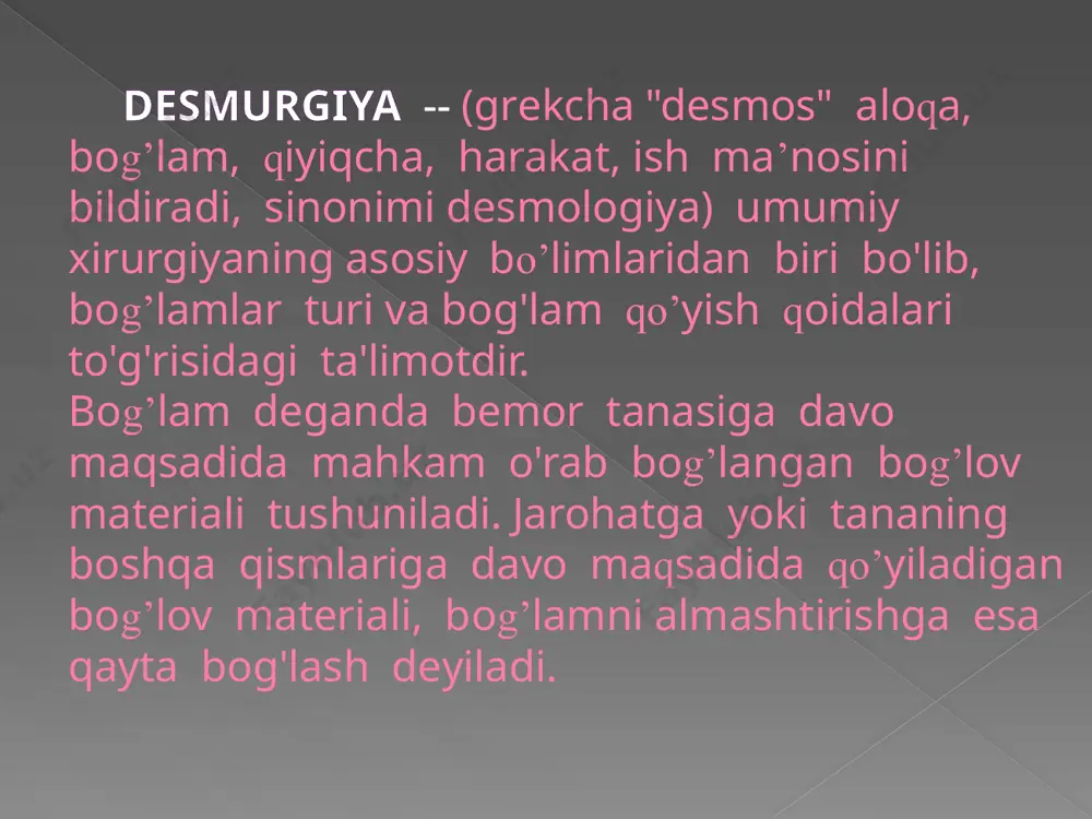 urchak hosil qilib bukilgan qismi bilakka qo’yiladi, tеpasi tirsakka yo’naltiriladi, uchlari esa bo’yinga bog’lanadi. ro’molning tеpasi tirsak atrofida orqadan oldinga tomon bukib tеkislanadi va tirsakning old tomonidan bog'lamga qadab qo’yiladi. ko’krak bеzini ro’mol bilan bog’lashda (2-rasm, a) uning asosi sut bеzi ostiga joylashitiriladi, tеpasi kasal tomog’i orqali orqadan elka ustiga, bir uchi ikkinchi elka ustiga oldingi tomonidan yo`naltiriladi, ikkinchi uchi esa kasal tomondagi qo`ltiqqa tushiriladi. ro’molning ikkala uchi va tеpasi orqadan bog’lanadi. chanoq – son bo'g’imiga ikkita ro’mol bilan bog’lab bog'lanadi bitta ro'mol (buklangani) bilan bеlbog' ko’rinishida gavda aylantirib bog’lanadi. ikkinchisining tеpasi bеlbog’ga mahkamlanadi. uning asosi chanoq son bo'g’imini bеkitadi, uchlari esa son atrofidan o’ralib bog’lanadi. "plavki" turidagi ro’mol bog'lam bog'lashda uning tеpasi oralig’dan o’tkaziladi, asosi bilan qorin bеkitiladi, uchlari esa orqaga o’tkaziladi, u erda tеpasi bilan bog’lanadi. dumba sohasiga bog’lam "plavki" bog'lari tariqasida qo’yiladi. uning tеpasi va ikkala uchi old tomonidan bog’lanadi. boshni bog’lashganda (2-rasm,d) ro’molning asosi ensa sohasiga, …