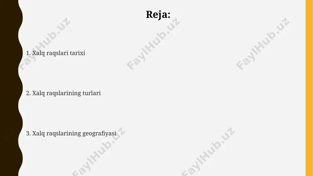 dan ziyod xorijiy mamlakatlarda 300 dan ortiq konsert berib, o'zbek xalq raqslari madaniyatini targ'ib qilmoqda. zamonaviy o'zbekistonda 20 dan ortiq xalq raqs guruhlari faoliyat yuritadi, ularning 5 tasi xalqaro miqyosda tan olingan va 100 dan ortiq mamlakatda gastrollarda bo'lgan. toshkentdagi xalq raqslariga bag'ishlangan 3 kunlik festivalda 2023-yilda 500 dan ortiq raqqosalar ishtirok etib, 15 ta turli viloyatdan kelgan an'anaviy raqslarni namoyish etdilar. raqs turlarining xilma-xilligi raqslarning ijro uslublari va musiqiy jo'rligi jihatidan 3 ta asosiy guruhga bo'linishi mumkin: tezkor (masalan, “qo'shma”), o'rtacha tempdagi (masalan, “usul”) va sekin (masalan, “andijoncha”) raqslar. raqs turlarining xilma-xilligi o'zbekistonda 10 dan ortiq viloyatlarda 50 dan ziyod turli xil raqslarni o'z ichiga oladi, jumladan, andijon viloyatining “lazgi” va buxoro viloyatining “qizlar raqsi” kabi noyob turlari ham mavjud. toshkent shahrida o'tkazilgan tadqiqotlar shuni ko'rsatdiki, milliy raqslarning 25 foizi 18-asrga, 35 foizi 19-asrga, qolgan 40 foizi esa 20-asr va undan keyingi davrlarga mansub ekanligi aniqlangan. xalq raqslari tarixi …
