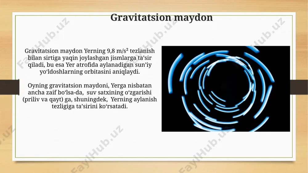 aqsadlarda, jumladan, navigatsiya, ob-havo kuzatuvi va aloqa sohasida faoliyat yuritadi. orbitaning evolyutsiyasi saturnning halqalari, muz va toshlardan tashkil topgan, milliardlab zarrachalardan iborat bo'lib, ularning harakati va orbitasi saturnning gravitatsion maydoni va o'zaro ta'siri natijasida murakkab va dinamikdir. yerning quyosh atrofida aylanish orbitasining ekssentrikligi 0,0167 ga teng boʻlib, bu deyarli aylana shakliga yaqin, ammo u butunlay aylana emas, vaqt oʻtishi bilan oʻzgarib turadi. orbital buzilishlar orbital buzilishlar, masalan, jupiterning gravitatsion ta’siri tufayli, kichik asteroidlarning yer yaqinidagi orbitasini o‘zgartirishi mumkin, bu esa 2013-yilgi chelyabinsk meteoriti kabi hodisalarga olib kelishi mumkin. yerning tortish kuchi ta’sirida, masalan, 1997-yilda uchirilgan mars pathfinder kosmik apparati mars orbitasida 700 km balandlikda aylanib yurgan va qimmatli ma’lumotlar yig‘gan. nyutonning universal tortishish qonuni bu qonun, 1687-yilda chop etilgan "naturalis principia mathematica" asarida bayon etilgan bo'lib, butun olam miqyosida gravitatsion o'zaro ta'sir kuchini g = 6.674 x 10^-11 n⋅m²/kg² konstanta orqali ifodalaydi. nyutonning universal tortishish qonuni yer va oy o'rtasidagi …