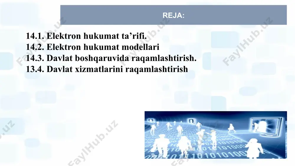 / “jismoniy va yuridik shaxslar murojaatlari to‘g‘risida” /2014 yil 3 dekabr/ “elektron tijorat to‘g‘risida” qonunining yangi tahriri /2015 yil 23 may/ "elektron hukumat to‘g‘risida" /2015 yil 9 dekabr/ o'zbekiston respublikasi prezidenti qarorlari va farmonlari: -o’zbekiston respublikasi prezidentining “o’zbekiston respublikasi axborot texnologiyalari va kommunikatsiyalarini rivojlantirish vazirligini tashkil etish to’g’risida”gi 2015-yil 4-fevraldagi pf-4702-son farmoni; o‘zbekiston respublikasi prezidentining “o‘zbekiston respublikasi axborot texnologiyalari va kommunikatsiyalarini rivojlantirish vazirligining faoliyatini tashkil etish to‘g‘risida”gi 2015 yil 4-fevraldagi pf-2293-son farmoni; - o‘zbekiston respublikasi vazirlar mahkamasining “davlat elеktron xizmatlari ko‘rsatish sifatini baholash mеtodikasini tasdiqlash to‘g‘risida” gi 2016-yil 20-oktabrdagi № 353-son qarori; - o‘zbekiston respublikasi vazirlar mahkamasining “elеktron hukumatning idoralararo ma’lumotlar uzatish tarmog‘ini tashkil etish chora-tadbirlari to‘g‘risida” gi 2016-yil 12-avgustdagi № 262-son qarori; -o‘zbekiston respublikasi yagona interaktiv davlat xizmatlari portali orqali elektron davlat xizmatlari ko‘rsatish tartibini takomillashtirish chora-tadbirlari to‘g‘risida -o‘zbekiston respublikasi prezidentining “ raqamli iqtisodiyot va elektron hukumatni keng joriy etish chora-tadbirlari to‘g‘risida”gi 2020 yil 28-apreldagi pq-4699-son qarori 6 “elektron …
