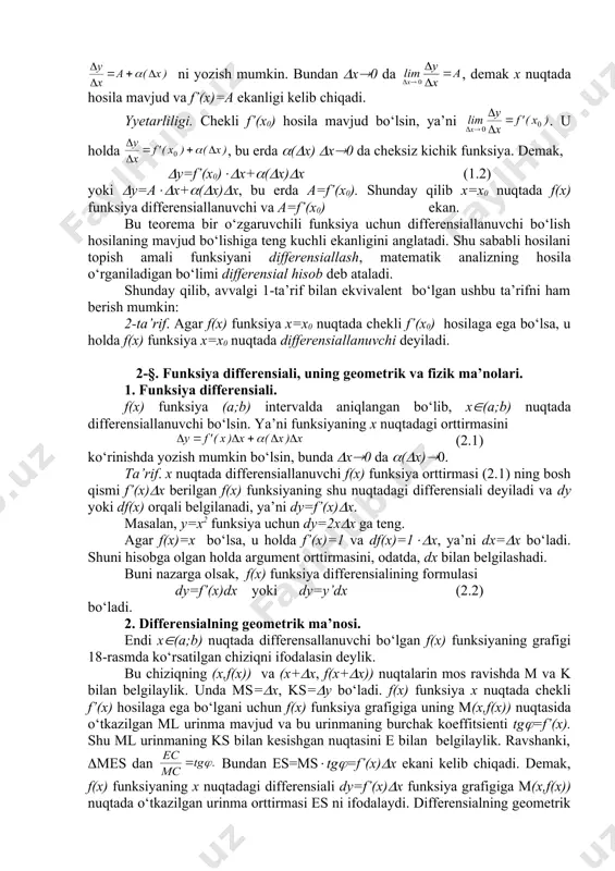 g dy=f’(x)dx differensiali x ga bog‘liq bo‘lib, dx=(x va (x orttirma x ga bog‘liq emas, chunki x nuqtadagi orttirmani x ga bog‘liq bo‘lmagan holda ixtiyoriy tanlash mumkin. bu holda differensial formulasidagi dx ko‘paytuvchi o‘zgarmas bo‘ladi va f’(x)dx ifoda faqat x ga bog‘liq bog‘liq bo‘lib, uni x bo‘yicha differensiallash mumkin. demak, bu funksiyaning differensiali mavjud bo‘lishi mumkin va u, agar mavjud bo‘lsa, funksiyaning ikkinchi tartibli differensiali deb ataladi. ikkinchi tartibli differensial d2y yoki d2f(x) kabi belgilanadi. shunday qilib, ikkinchi tartibli differensial quyidagicha aniqlanar ekan: d2y=d(dy). berilgan y=f(x) funksiyaning ikkinchi tartibli differensiali ifodasini topish uchun dy=f’(x)dx formulada dx ko‘paytuvchi o‘zgarmas deb qaraymiz. u holda d2y=d(dy)=d(f’(x)dx)=d(f’(x))dx=(f’’(x)dx)dx=f’’(x)(dx)2 bo‘ladi. biz kelgusida dx ning darajalarini havssiz yozishga kelishib olamiz. bu kelishuvni e’tiborga olsak, (dx)2=dx2 bo‘ladi va ikkinchi tartibli differensial uchun quyidagi ifodani hosil qilamiz: d2y=f’’(x)dx2 (5.1) shunga o‘xshash, uchinchi tartibli differensialni ta’riflash va uning uchun ifodasini keltirib chiqarish mumkin: d3y=d(d2y)=d(f’’(x)dx2)=f’’’(x)dx3. umumiy holda funksiyaning (n-1)-tartibli differensiali dn-1y …