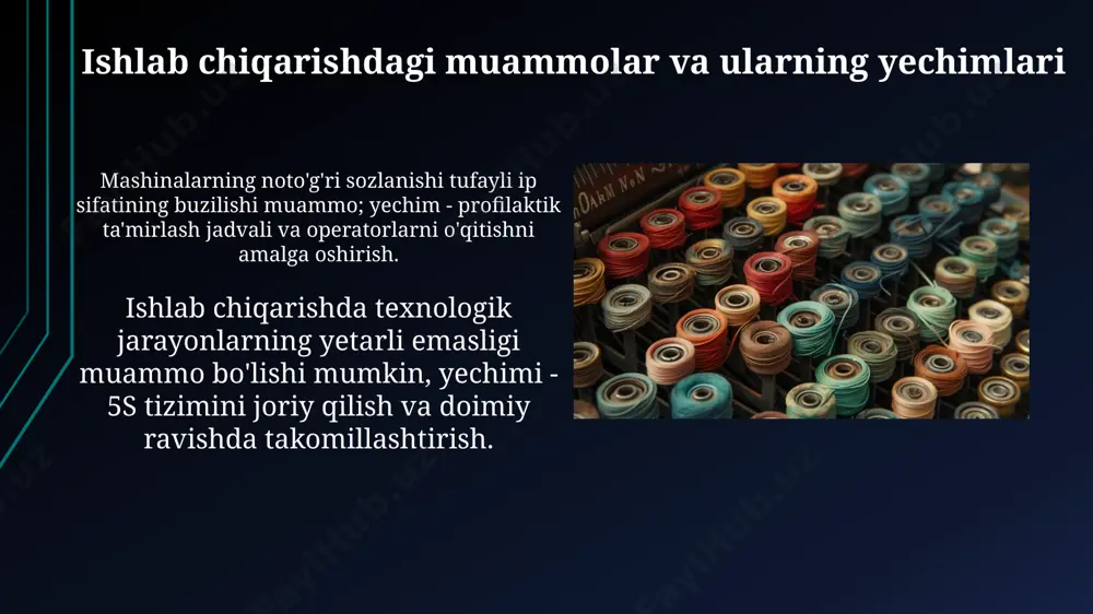 di, jumladan, reaktiv, dispers, kub va oltingugurt bo'yoqlari. har bir sinf ipning turiga va kerakli rang chidamliligiga qarab tanlanadi. ipni bo'yashda 2 xil usul qo'llaniladi: g'altakda bo'yash (bobbin dyeing) va do'konli bo'yash (package dyeing). g'altakda bo'yash 4-6 soat davom etishi mumkin, do'konli bo'yash tezroq jarayon. tozalash va oqartirish oqartirish odatda vodorod peroksid (h2o2) yoki natriy gipoxlorit (naclo) kabi kimyoviy moddalar bilan amalga oshiriladi, bu esa ipni maksimal darajada oqartirishga imkon beradi va uning rangini barqaror qiladi. tozalash jarayoni 1 dan 5 gacha ishlov berish usullarini o'z ichiga oladi, ular yuzadagi nopokliklarni va tabiiy ranglarni yo'qotish uchun ishlatiladi, shu bilan ipning keyingi bo'yalish sifatini yaxshilaydi. e'tiboringiz uchun rahmat @slaydtayor_bot image2.jpg image3.jpg image4.jpg image5.jpg image6.jpg image7.jpg image8.jpg image9.jpg image10.jpg image11.jpg image12.jpg image13.jpg