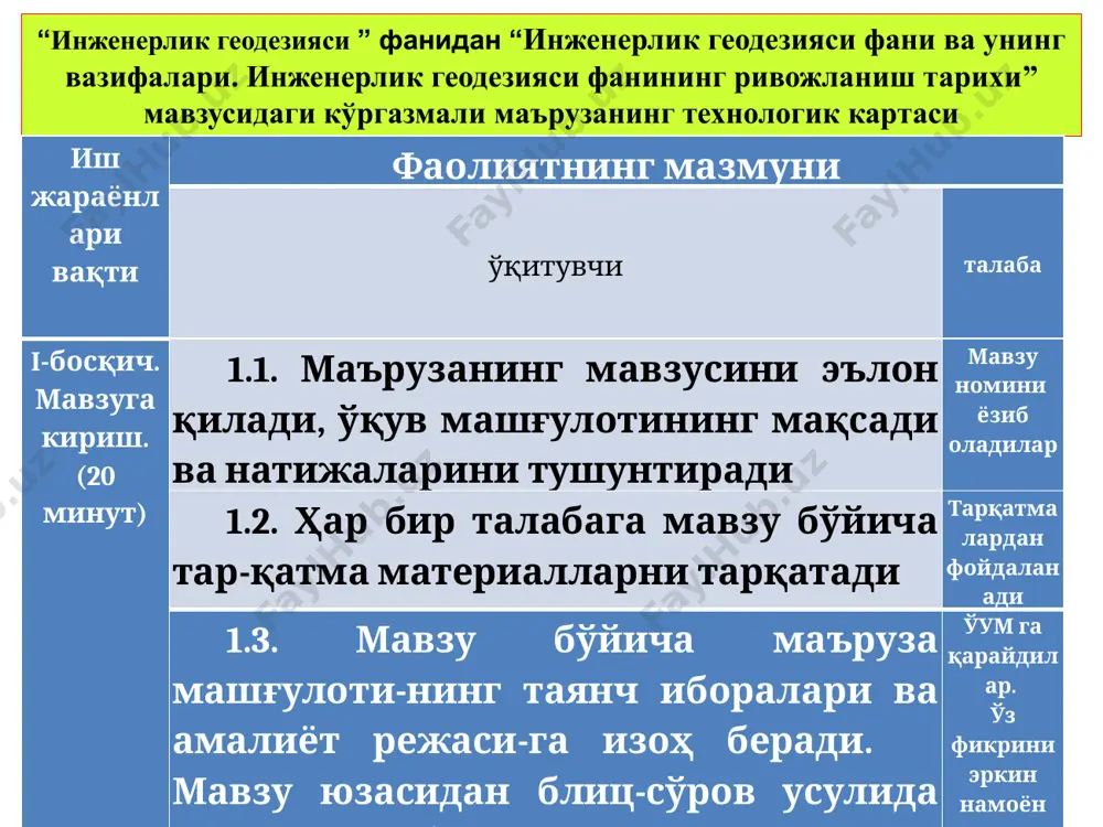 ан ўзи яшаган жойни ҳаёт талабига кўра ҳар томонлама билишга қизиққан ва ўрганган. геодезия тарихи ҳам шундай бошланади. археологларнинг аниклашича, қадимий миср, месопотамия, хиндистон, хитой, греция, ўрта осиё ва бошқа мамлакатлар халқлари ўз эҳтиёжлари учун дсхқончилик қилиш ва суғориш каналларини казиш, турли бино ва иншоотларни қуриш, экин майдонларини ўзаро тақсимлаш каби масалаларни ечишда геодезик ўлчашдан фойдаланган. масалан, милоддан 4000 йил илгари мисрдаги нил дарёси ҳавзасида ерни ўлчаш ишлари олиб борилган. нил дарёсини қизил денгиз билан қўшиш мақсадида канал қурилиши милоддан vi аср илгариги вақитга тааллуқлидир. у вақтларда съёмканинг баьзи бир усулларигина маълум эди. юнонистонлик олим олим эратосфен милоддан 230 йил илгари ер шарининг ўлчамларини аниклаган ва геодезиядан махсус китоб ёзиб, меридианлар ва параллеллар кўрсатилган карта тузган. птоломей томонидан проекциялаш усуллари жорий қилиниб, европа ва осиё карталарини тузишда улардан фойдаланилган. милоддан 7 - 6 аср илгари хозирги ироқ жанубида яшаган холдейлар ерни шар деб фараз қилиб, унинг радиуси r узунлигини ҳисоблаб …