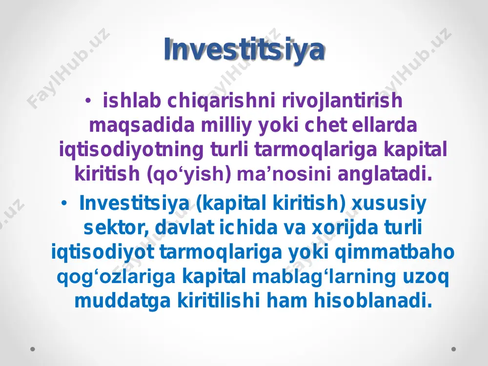 igan ulushi miqdori bilan ifodalanadi. • investitsiyalar samaradorligi milliy daromad (foyda) o‘sgan qismining investitsion sarflar summasiga nisbatining foizdagi ifodasi. investitsiya muassasalari investitsiya banklari milliy iqtisodiyotning turli tarmoqlarini moliyalash va uzoq muddatli qarz berishga ixtisoslashgan banklardir. investitsiya vositachisi esa qimmatli qog‘ozlar bozorida brokerlik va dilerlik faoliyatini amalga oshiruvchi investitsiya muassasasidir. investitsiya maslahatchisi – bu maslahat faoliyati bilan shug‘ullanuvchi investitsiya muassasasidir. investitsiya fondi • investorlarning pul mablag‘larini jalb etish va ularni investitsiya aktivlariga qo‘yish maqsadida aksiyalar chiqarishni amalga oshiruvchi yuridik shaxs – aksiyadorlik jamiyati investitsiya fondidir. investitsiya fondining shakllari • o‘zi chiqargan aksiyalarni qaytarib sotib olish majburiyatiga ega bo‘lgan investitsiya fondi; • o‘zi chiqargan aksiyalarni qaytarib sotib olish majburiyatiga ega bo‘lmagan investitsiya fondi. investitsion siyosat • kapital qo‘yilmalarning eng ustuvor yo‘nalishlarini tanlash, iqtisodiyot tarkibiy tuzilishini o‘zgartirish, uning samaradorligini oshirish, iqtisodiy o‘sishga va milliy daromadning eng yuqori ko‘rsatkichlariga erishishga qaratilgan chora- tadbirlar majmuidir. • davlat tomondan milliy iqtisodiyotga ichki va tashqi investitsiyalar kiritilishi …