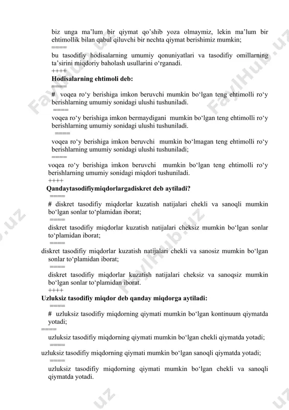 rimlarinitushunamiz. ==== ko‘pturdagipredmetlarningbarchasiniyokifaqatbizniqiziqtirayotganqisminitushunamiz. ++++ tanlama to‘plamdegandaqandayto‘plamtushuniladi? ==== # bosh to‘plamningbirqisminitashkiletuvchikuzatishlaryig’indisi; ==== bosh to‘plamningko‘pqisminitashkiletuvchikuzatishlaryig’indisi; ==== k o‘pto‘plamningbirqisminitashkiletuvchikuzatishlaryig’indisi; ==== bosh to‘plamningkattaqisminitashkiletuvchiyig’indi. ++++ тanlama kovariatsiya nima? ==== # ikki o’zgaruvchi o’rtasidagi bog’lanishning o’lchami hisoblanadi; ==== ikki o’zgaruvchi o’rtasidagi funksiyaning o’lchami hisoblanadi.; ==== ikki o’zgaruvchi o’rtasidagi bog’lanishning hosilasi hisoblanadi. ==== ikki o’zgaruvchi o’rtasidagi o’lcham tushuniladi. ++++ тanlama dispersiya nima? ==== # tanlama dispersiya tanlamadagi o’rtacha kvadratik chetlanishdek aniqlanadi; ==== tanlamadispersiyatanlamadagikvadratikchetlanishdekaniqlanadi ==== tanlamadispersiyao’rtachakvadratiko‘zgaruvchidekaniqlanadi. ==== ikki o’zgaruvchi o’rtasidagi o’lcham tushuniladi. ++++ kovariatsiyata’rifidanbevositakelibchiqadiganmuhimqoidalarnitanlang. ==== # barcha javobdagi qoidalar. ==== agar bo‘lsa, u holda ==== agar bo‘lsa, u holda bo‘ladi, buyerda a- o‘zgarmas. ==== agar bo‘lsa, u holda bo‘ladi, bu yerda a- o‘zgarmas. ++++ qanday bog‘lanishgakorrelyasiyabog‘lanishideb aytiladi? ==== # agar omil o‘zgaruvchining har bir qiymatiga natijaviy o‘zgaruvchining ko‘plab qiymatlari, ya’ni muayyan statistic taqsimot mos kelsa; ==== agar omilning har bir qiymatiga natijaviy omilning muayyan tasodifiy qiymati moskelsa; ==== agar omilning har bir qiymatiga natijaviy omil qiymatlarining butun birtaqsimotimoskelsa; …