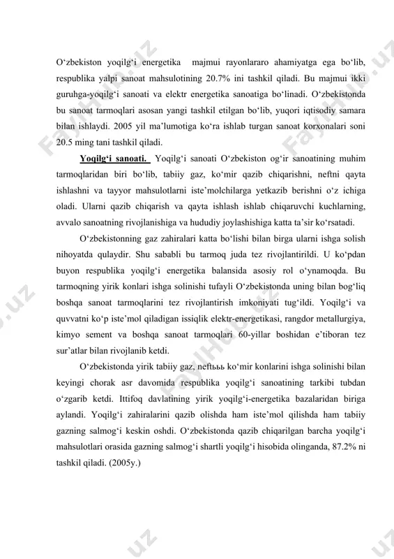 an barcha yoqilg‘i mahsulotlari orasida gazning salmog‘i shartli yoqilg‘i hisobida olinganda, 87.2% ni tashkil qiladi. (2005y.) о‘zbekistondа yoqilg‘i mаhsulotlаrining qаzib chiqаrilishi. 1913 yil 1940 yil 1950 yil 1960 yil 1970 yil 1980 yil 1990 yil 1995 yil 2000 yil 2005 yil tаbiiy gаz, mln.m3 - 0.7 52 447 32094 34840 40761 48600 56400 59700 neft (gаz kondensаti bilаn birgа) 1000 t. 13 119 1342 1603 1805 1329 2810 7586 7536 5400 kо‘mir 1000 t. - 3.4 1475 3410 3747 5682 6477 3054 2501 3000 jadval ma’lumotlari yoqilg‘i zahiralarini qazib chiqarish o‘tgan yillar davomida umuman tez sur’atlarda bog‘langanligini ko‘rsatadi. kelajakda respublikaning yoqilg‘i bilan balansi yanada takomillashtirilib, unda tabiiy gazning salmog‘i yanada ortib boradi. qishloq joylarning yoqilg‘i balansida shu vaqtgacha katta salmoqqa ega bo‘lgan g‘o‘zapoya o‘rnini ham yaqin yillar orasida tabiiy gaz egallaydi. hozirgi paytda respublikaning qishloq joylari yoppasiga joylashtirilmoqda. g‘o‘zapoyadan esa bundan keyin gidroliz va qurilish materiallari sanoatlarida xom ashyo sifatida …