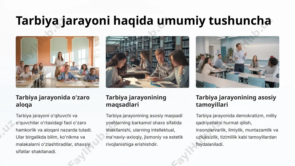 iy ishlar shakllarining xususiyatlari turli-tumanlik tarbiyaviy ishlar shakllari juda boy va rang-barang bo'lib, ulardan oqilona foydalanish o'quvchilarni qiziqtirish va rag'batlantirish uchun muhim ahamiyatga ega. tashkil etish sifati tarbiyaviy ishlar shakllari pedagoglar tomonidan puxta rejalashtirilib, tashkil etilishi lozim. bu esa o'quvchilarning faol ishtirokini ta'minlaydi. maqsadga yo'naltirilganlik tarbiyaviy ishlar shakllari o'quvchilarning bilim, ko'nikma va malakalarini shakllantirish hamda ularni ma'naviy-axloqiy jihatdan tarbiyalash maqsadiga yo'naltirilgan bo'lishi kerak. 8 tarbiyaviy ishlar shakllarini tanlash mezonlari maqsadga muvofiqlik tarbiyaviy ishlar shakllarini tanlashda avvalo tarbiya maqsadi, mavzulari va talablar e'tiborga olinadi. har bir tarbiyaviy tadbirning aniq maqsadlari belgilanishi kerak. qiziqarlilik tarbiyaviy tadbirlar talabalarga qiziqarli va jalb etuvchi bo'lishi lozim. ular o'quvchilarning e'tiborini tortishi, qiziquvchanligini uyg'otishi va faolligini oshirishi kerak. reallik tarbiyaviy tadbirlar tashkil etishda maktab shaharda yoki qishloqda joylashganligiga qarab, mavjud imkoniyatlar, vosita va resurslar inobatga olinadi. qo'llanilabilirlik tanlangan tarbiyaviy tadbirlar usul va shakllari o'quvchilarning yoshi, bilim darajasi, qiziqish va ehtiyojlariga mos bo'lishi kerak. 9 tarbiyaviy ishlarni rejalashtirish …