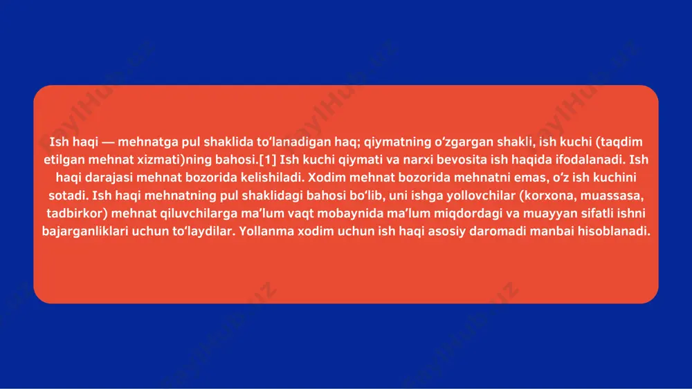ladi, umumiy haq summasi kelishib olinadi. ish butunlay yakunlanganidan keyin ish haqi oxirigacha toʻlanadi. ish haqining bunday shaklidan koʻpincha qurilishda foydalaniladi. bulardan tashqari aksar mamlakatlarda ish haqidan tashqari mehnatda erishgan yutuqlari uchun mukofotlash ham mavjud. bular vaqtbay mukofot, ishbay mukofot tizimlari hamda korxonada olingan foyda hisobidan ajratiladigan moddiy ragʻbatlantirish fondidan mukofotlash tizimidir. ish haqi miqdori yollanma xodimlarning turmush darajasini ifodalovchi koʻrsatkichdir. nominal va real ish haqi koʻrsatkichlari mavjud. nominal ish haqi yollanma xodimning oʻz mehnati evaziga olgan pul daromadalari. real ish haqi xodimning olgan ish haqiga qancha va qanday isteʼmol buyumlari sotib olishi va madaniy-maishiy xizmatlardan foydalanish mumkinligini koʻrsatadi. boshqacha aytganda real ish haqi — bu nominal ish haqining „xarid etish“ qobiliyati. real ish haqi boshqa sharoitlar bir xil boʻlganda, nominal ish haqiga toʻgʻri mutanosibdir va isteʼmol buyumlari va xizmatlar narxining darajasiga teskari mutanosibdir. odatda, mehnat bozorida ish kuchiga muvozanatli narx shakllanadi. bu narx ish haqi yoki ish haqi stavkasi …