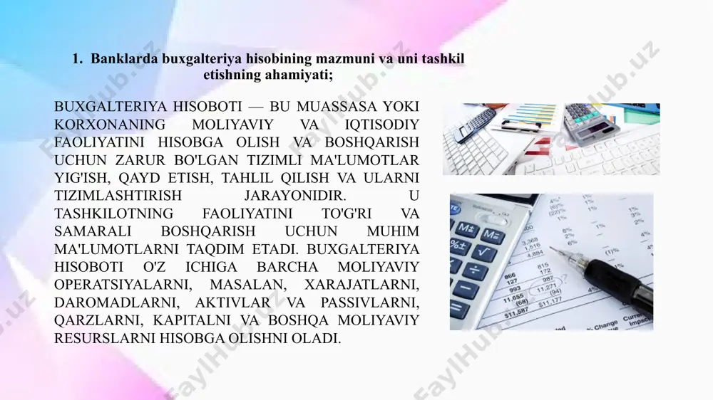 rtirish va iqtisodiy barqarorlikni ta'minlashda yordam beradi. 2. buxgalteriya hisobining tamoyillari buxgalteriya hisobining tamoyillari buxgalteriya faoliyatini samarali tashkil etish va yuritish uchun asosiy qoidalar va prinsiplardir. ular moliyaviy hisobotlarning to'g'riligi, ishonchliligi va aniq bo'lishini ta'minlaydi. birinchi tamoyil — buxgalteriya hisobining davomiyligi tamoyili. bu tamoyilga ko'ra, tashkilotning moliyaviy holati va faoliyati doimiy ravishda kuzatiladi. buxgalteriya hisobi doimiylik asosida yuritilib, tashkilotning moliyaviy holati muntazam tahlil qilinadi. ikkinchi tamoyil — hisoblarning yagona tamoyili. buxgalteriya hisobida barcha operatsiyalar yagona tizimga asoslanadi. har bir operatsiya va hisob-kitoblar mantiqiy tartibda va yagona tizim bo'yicha amalga oshiriladi. uchinchi tamoyil — mulkning alohida hisoblanishi tamoyili. har bir tashkilotning mulki, resurslari, aktivlari va passivlari alohida hisoblanadi. bu tamoyil moliyaviy hisobning to'g'ri va aniq bo'lishini ta'minlaydi. to'rtinchi tamoyil — tenglik tamoyili. buxgalteriya hisobida har bir operatsiya o'zaro tenglik asosida amalga oshiriladi. aktivlar va passivlar yig'indisi doimiy ravishda teng bo'lishi kerak. beshinchi tamoyil — moliyaviy holatning haqqoniyligi tamoyili. buxgalteriya hisobotlari tashkilotning …
