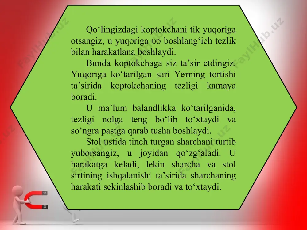 ndan ortiq kuchlar ta’sir etsa, natijaviy kuch har bir kuchning yo‘nalishiga qarab, ularning kattaliklari qo‘shiladi yoki ayiriladi. agar ta’sir etayotgan kuchlar bir chiziqda yotmasa, vektorlarni qo‘shish qoidasiga asosan yig‘indi kuch topiladi. masalan, yukni uchta kuch tortayotgan bo‘lsin (60-rasm). f → 1 va f → 2 kuchlarning teng ta’sir etuvchisi f → 1+ f → 2 = f → 12 ga teng. f → 12 va f → 3 kuchlar o‘zaro teng va qarama-qarshi yo‘nalgani uchun ularning teng ta’sir etuvchisi f → 12 + f → 3 = f → = 0 bo‘ladi. natijada bu yuk muvozanat holatida osilib turadi. yukka ta’sir etayotgan yerning tortish kuchi va arqonning elastiklik kuchi ham muvozanatda bo‘ladi.