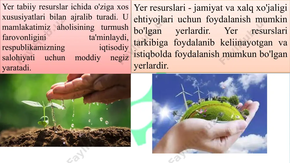 oki umumiy yer maydonining 9,7 foizini tashkil qiladi. oʻzbekiston respublikasi yer fondi yerlardan foydalanish maqsadi va tartibiga koʻra oʻziga xos hususiyatlarga boʻlib, ular ega oʻzbekiston respublikasi yer kodeksining 8-moddasiga asosan 8 ta toifaga boʻlinadi. yer kodeksi yer kodeksi 8-modda. o‘zbekiston respublikasida yer fondi yerlardan foydalanishning belgilangan asosiy maqsadiga ko‘ra quyidagi toifalarga bo‘linadi: 1) qishloq xo‘jaligiga mo‘ljallangan yerlar — qishloq xo‘jaligi ehtiyojlari uchun berilgan yoki ana shu maqsadga mo‘ljallangan yerlar. qishloq xo‘jaligiga mo‘ljallangan yerlar sug‘oriladigan va sug‘orilmaydigan (lalmikor) yerlar, haydaladigan yerlar, pichanzorlar, yaylovlar, ko‘p yillik mevali dov-daraxtlar va tokzorlar egallagan yerlarga bo‘linadi; 2) aholi punktlarining (shaharlar, posyolkalar va qishloq aholi punktlarining) yerlari — shaharlar va posyolkalar, shuningdek qishloq aholi punktlari chegarasi doirasidagi yerlar; 3) sanoat, transport, aloqa, mudofaa va boshqa maqsadlarga mo‘ljallangan yerlar — ko‘rsatilgan maqsadlarda foydalanish uchun yuridik shaxslarga berilgan yerlar; 4) tabiatni muhofaza qilish, sog‘lomlashtirish va rekreatsiya maqsadlariga mo‘ljallangan yerlar — muhofaza etiladigan tabiiy hududlar egallagan, ustuvor ekologik, ilmiy, …