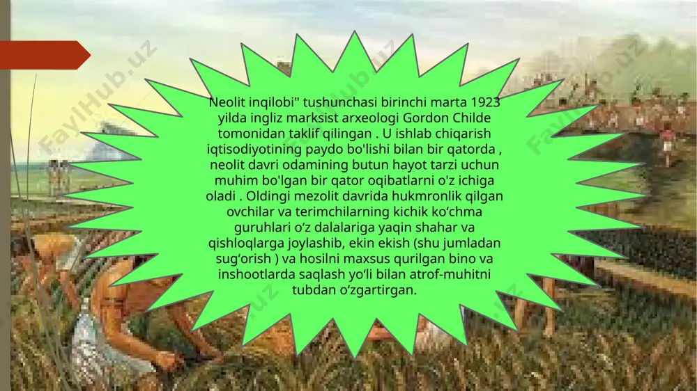 alik boshqarish sistemalari takomillashdi, hamda insonlar dunyoqarashi sistemasida ham o`zgarishlar sodir bo`ldi. qishloq xoʻjaligining kelib chiqish va tarqalish markazlari : hosildor yarim oy (miloddan avvalgi 9 ming yillik), yanszi va xuanxe daryolari vodiylari (miloddan avvalgi 7 ming yillik), yangi gvineya baland togʻlari (miloddan avvalgi 7-4 ming yilliklar), markaziy meksika (3 ta) . -miloddan avvalgi 2-ming yilliklar), janubiy amerikaning shimoli-gʻarbiy qismi (miloddan avvalgi 3-2 ming yilliklar), sahroi kabir ostidagi afrika (miloddan avvalgi 3-2 ming yilliklar) miloddan avvalgi 2-ming yilliklar), missisipi vodiysi (miloddan avvalgi 2-1 ming yillar) . ana jarayonlarning muhimligini e’tiborga olgan xolda mashhur ingliz arxeologi v.g.chayld ishlab chiqarish xo`jaligini bejizga «neolit inqilobi»terminiga birlashtirmagan. biroq vaqt o`tishi bilan v.g.chayld ilmiy nazariyasi mutaxassislari tamonidan turlicha talqin qilina boshlandi. xususan, tadqiqotchi r.breydvud ibtidoiy jamoalarning ishlapab chiqarish xo`jalik asoslariga o`tganliklari , ya’ni dehqonchilik chorvachilikga o`tganliklari faqatgina xo`jalik yo`nalishidagi o`zgarishalaga olib keldi , xolos degan fikrni bildirdi: boshqa bir tadqiqotchi b.brentvest bu jarayon axamiyatiga nihoyatda …