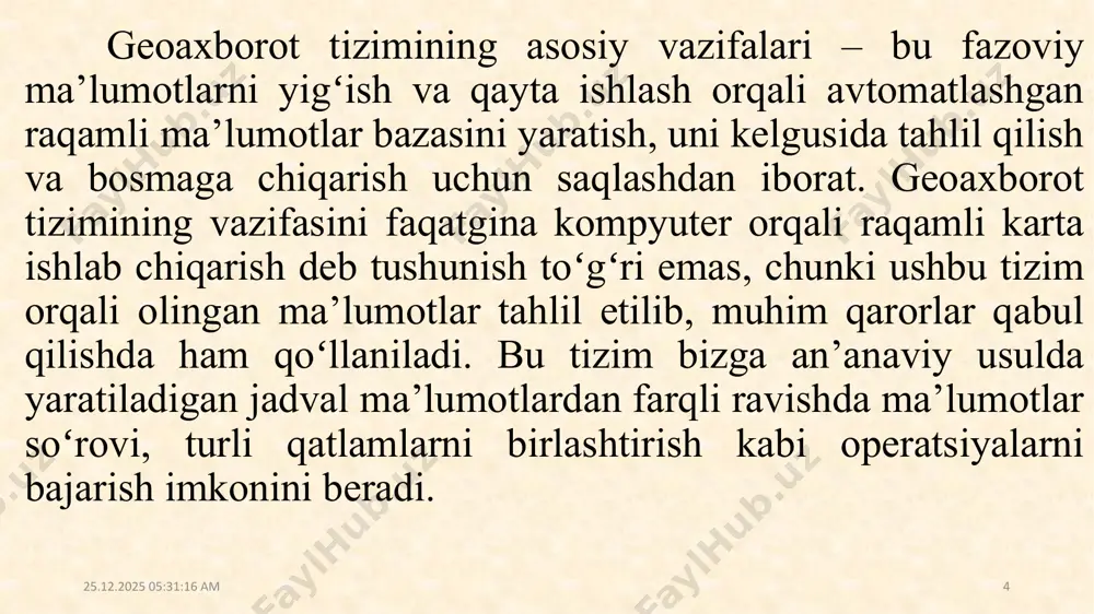i varaqlarga boʻlish hamda bu varaqlarni belgilash, ya’ni ularga nom berish tizimiga aytiladi. 01.12.2022 14:56:00 11 raqamli karta (numerical, digital map) – kartalarni proyeksiyalashda, koordinata va balandlik sistemasini aniqlashda qabul qilingan kartografik generalizatsiyalash qonunlari asosida tashkil etilgan yuzaning raqamli modeli, boshqacha aytganda, raqamli kartografik ma’lumot. raqamli karta kartografiyalash, karta aniqligi, generalizatsiya, shartli belgilar tizimining barcha me’yorlari va qoidalari asosida yaratiladi. raqamli karta oddiy qogʻozli, kompyuter va elektron karta yaratishda asos boʻlib xizmat qiladi va kartografik ma’lumotlar bazasi tarkibiga kiradi. shu bilan birga, u gat axborot ta’minotining muhim elementlaridan hisoblanib, bir vaqtning oʻzida gat jarayonlarining natijasi ham boʻlishi mumkin. 01.12.2022 14:56:00 12 kompyuter kartasi–bu avtomatlashgan kartografiyalashning vositalari (grafoqurilma, plotter, printer, digitayzer yordamida qogʻozda, plastikda, fotoplyonkadagi tasvir) yordamida grafik qurilmada chiqarilgan karta turidir. gat texnologiyalari – bu gatning funksional imkoniyatlarini amalga oshirishga yordam beruvchi va uni yaratuvchi texnologik asosdir. geoaxborot tahlili – geomodellashtirish va fazoviy tahlil usullarini qoʻllagan holda obyekt va hodisalarning …