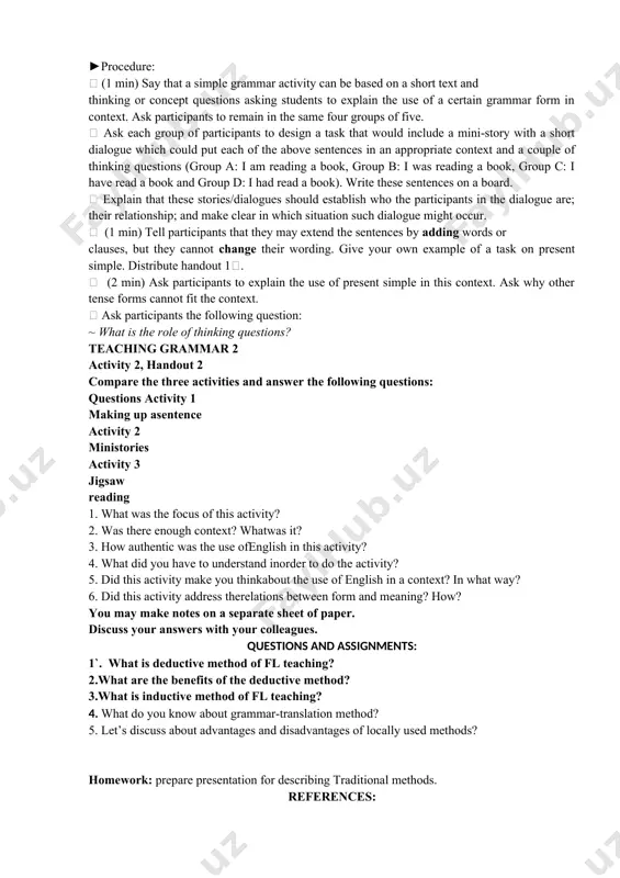 plained, students usually complete grammar exercises to become familiar with the pattern. this is a method that has been commonly used in english classrooms in the west. example a teacher writes examples of simple present and simple past sentences on the board. the teacher then proceeds to explain the differences between present and past in english. once the lecture is complete, worksheets are handed out and students are asked to convert simple sentences from present to past. benefits although a little less effective than inductive teaching when used in tesol, benefits to the deductive approach are: · time in the classroom is spent only on the language principle. · most material can be easily taught this way. · it encourages faster learning of material there are clear differences to the inductive approach and deductive approach in tesol. inductive tends to be more efficient in the long run, but deductive is …