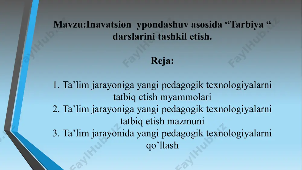 ish jarayoni tavsifi” (i.p. volkov). talaba va o’qituvchining ularga zarur sharoit yaratish orqali o’quv jarayonini loyihalashtirish, tashkil etish hamda o’tkazish bo’yicha ular pedagogik faoliyatining har tomonlama o’ylangan modelidir”. (v.m.manahov). bu ta’lim shakllarini jadallashtirish vazifasini ko’zlagan o’qitish va bilimlarni o’zlashtirishning barcha jarayonlarini tehnika va inson omillarida va ularning birgalikdagi harakatlari vositasida yaratish, tatbiq etish va belgilashning izchil metodidir” (yunesko). pedagogik maqsadlarga erishishda foydalaniladigan shaxsiy imkoniyatlar, jihozlar va metodologik vositalarda amalda bo’lishning tizimli yig’indisi va tartibini bildiradi” (m.v.klarin). o’zida turli mualliflar (manbalar)ning barcha ta’riflari mazmunini qamrab olgan mazmuniy umumlashma hisoblanadi”. (g.k. selevko). o’qitish texnologiyasi, o’qitish nazariyasi, o’qitish tehnikasi. ular o’kuv faoliyatini boshqarish haqidagi pedagogik sohalardir, ular umumlashtirilgan darajasiga ko’ra amalga oshiriladi. pedagogik texnologiya ta’lim istiqbolining jarayonlashtirilgan aspektidir. o’qitish texnologiyasini belgilash – bu kasbiy faoliyat sohasidagi ta’limiy va takomillashish samarasini ta’minlovchi o’kuv jarayonini me’yoriy boshqarib turishdir. o’qitish texnologiyasini belgilash ilmiy adabiyotlarda pedagogik texnologiyaning uch aspekti to’g’risida fikr yuritiladi: amaliy tavsifiy ilmiy ilmiy aspekt …