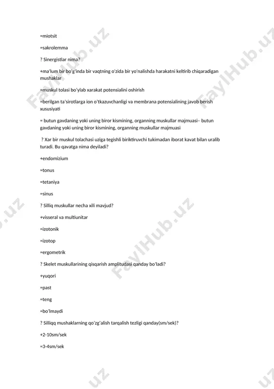 o'zbekistonda nevralogiya fanning asoschilari =s.mahsumov =a.zufarov +n.majidov -m.lsayev ? nerv sisitemasining faoiliyati qanday tarzda amalga oshadi ? =o'tkazuvchanlik +reflector =muskul =sezgirlik ?,,bosh miya reflekslari"kitobining muallifi +i.m.sechenov =i.i.mechnikov =i.p.pavlov =a.d.grekov ?,, asab tizimining muayyan qismida paydo bo'lgan qo'zg'alish boshqa joylarda tarqaladi" nima haqida so'z yuritilmoqda? +irradasiya =induksiya =dominantalar =nerv tugunlari ? neyronning uzun o'simtasi nima deb ataladi? =soma =dendrit +akson =nerv tolasi ?neyrogliya qanday xususiyatga ega emas? =tayanch =sezgirlik =uzatish +qo'zg'alish ? neyronning uzun o'simtalari miyelin parda bilan qoplanib qanday moddani hosil qiladi? =kulrang moddani +oq moddani =hech qanday moddani hosil qilmaydi =oraliq moddani ? parasimpatik nervlarning chiqish joyi? =oraliq va o'rta miyadan +o'rta va uzunchoq miyadan =orqa va uzunchoq miyadan =miyachadan ? nerv tolasi qaysi holatlarda impulsni o'tkazmaydi? =issiq ta'sir ettirilganda =issiq va sovuq ta'sir ettirilganda =o'tkir zaharlansa +o'tkir zaharlansa va qattiq sovutilsa ?nerv tolasining asosiy xususiyati ? =o'tkazuvchanlik va refraktorlik =sezuvchanlik va qo'zg'aluvchanlik =qo'zg'aluvchanlik va refraktorlik +o'tkazuvchanlik va qo'zg'aluvchanlik …