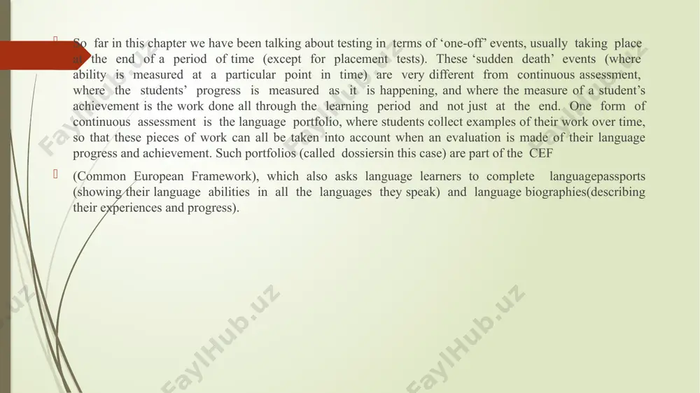 ents fail unnecessarily - and are consequently demotivated by the experience. test types when designing tests, we can either write discrete items, or ask students to become involved in more integrative language use. discrete-item testing means only testing one thing at a time (e.g. testing a verb tense or a word), whereas integrative testing means asking students to use a variety of language and skills to complete a task successfully. a further distinction needs to be made between direct and indirect test items. a direct test item is one that asks students to do something with language (e.g. write a letter, read and reply to a newspaper article or take part in a conversation). direct test items are almost always integrative. indirect test items are those which test the students’ knowledge of language rather than getting them to use it. indirect test items might focus on, say, word collocations or …
