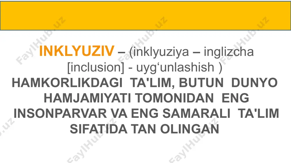 inik tashxis qo‘yadi, muntazam davolash-profilaktika ishlarini olib boradi. xalq ta'limi tizimi o‘quvchini ta'lim olishi uchun shart-sharoitlar yaratish bilan birga metodik qo‘llanma va tavsiyalar bilan ta'minlaydi; tibbiy- psixologo-pedagogik komissiya bolalarni o‘rganib, tegishli xulosani beradi va ota-ona tanlovi asosida bolani ta'limga yo‘naltiradi. nodavlat va notijorat tashkilotlari maktabdagi ta'lim-tarbiya muassasalariga xomiylik va boshqa yordamlarni ko‘rsatadi. inklyuziv ta'lim tamoyillari e'tirof etilishi barcha uchun ochiq bo‘lishi bog‘lanishning mavjudligi kompleks yondashish malakaviy tamoyil moslashuvchanlik ta'limni o‘quvchilarning imkoniyatlariga yo‘naltirish 9 ta'limni o‘quvchilarning imkoniyatlariga yo‘naltirish ko‘zi ojiz o‘quvchilar: eshitish va taktil sezgisi orqali o‘quv materiallarni yaxshi qabul qiladi. eshitishida muammosi bo‘lgan o‘quvchilar: ko‘rish sezgisi o‘tkir bo‘lganligi sababli o‘quv materialni vizual ravishda qabul qiladi. ko‘rsatib tushuntira olmagan qismini imo-ishora bilan tushuntiradi. aqliy faoliyati yengil darajadagi o‘quvchilar: o‘quv materiallarini kompleks ravishda barcha analizatorlariga ta'sir etgan holda olib boradi. ijodiy imkoniyatlari mavjud bolalarni harakat imkoniyati cheklangan o‘quvchilarning qiziqishlarini qo‘llab imkoniyat yaratib borish va kasbga yo‘naltirish. sanab o‘tilgan bolalarning hususiyatlari quyidagilar: faoliyat …
