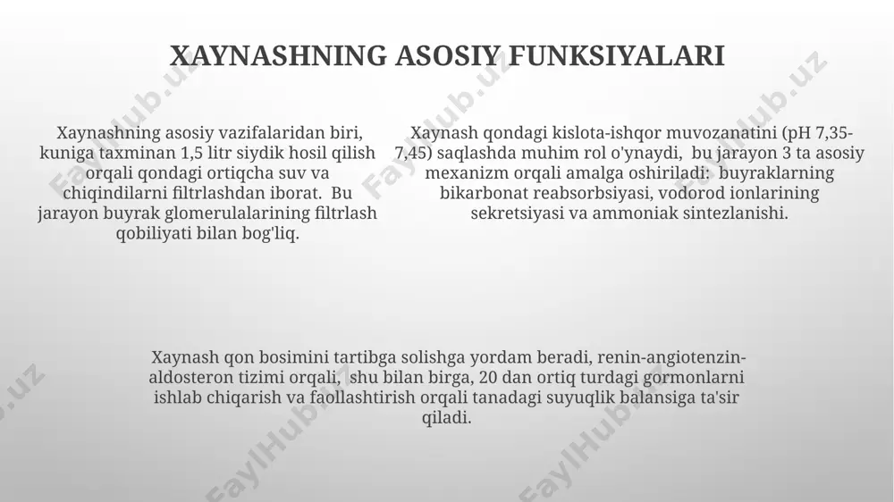 natijasida hosil boʻladi, ularning har biri oʻziga xos fermentlar va elektrolitlarni ajratadi. sekretsiya hajmi ovqatning turi va miqdoriga bogʻliq boʻlib, kuniga taxminan 1,5-2 litr xaynash ajratiladi. sekretsiyaning optimal ph qiymati 7,5-8,0 oraligʻida. rentgenologik tekshiruvlar rentgenologik tekshiruvlar chaynash mushaklarining mineral zichligini aniqlashda, masalan, osteoporozni aniqlashda yordam beradi, bu esa chaynash funksiyasining buzilishiga olib kelishi mumkin. suyaklarning tuzilishidagi o'zgarishlarni 1-5 ball shkalasi bo'yicha baholash mumkin. panoramik rentgenogrammalar chaynash apparati to'liq tasvirini beradi va 32 ta tishning holatini, tishlarning ildizlarini va jag' suyaklarining holatini batafsil ko'rsatadi. bu diagnostika uchun juda muhim ma'lumotlarni taqdim etadi. panoramik rentgenogrammalar chaynash apparati to'liq tasvirini beradi va 32 ta tishning holatini, tishlarning ildizlarini va jag' suyaklarining holatini batafsil ko'rsatadi. bu diagnostika uchun juda muhim ma'lumotlarni taqdim etadi. e'tiboringiz uchun rahmat @taqdimot_robot image1.png image2.png image3.png