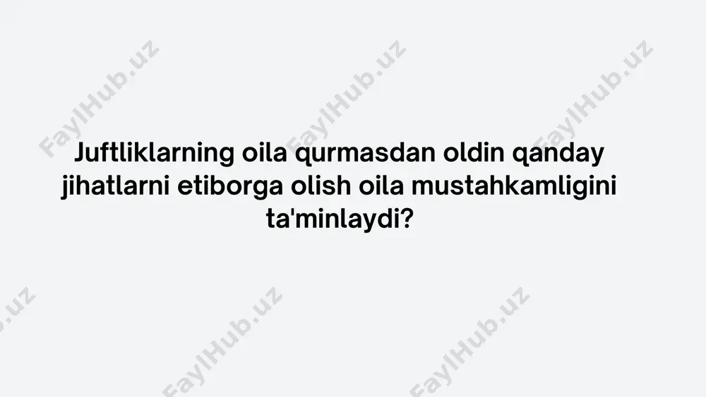 orlar qabul qilishni osonlashtiradi. birgalikdagi maqsadlar va qadriyatlar bu oila, farzandlar, martaba yoki boshqa masalalardagi qarorlarni birgalikda qabul qilishni osonlashtiradi. jismoniy yaqinlik jismoniy yaqinlik hissiy yaqinlikni kuchaytirishi va o‘zaro bog‘liqlikni mustahkamlashi mumkin. mustaqillikni hurmat qilish bu individual o‘sish va rivojlanishga hissa qo‘shadi. hissiy yaqinlik hissiy yaqinlik bir-biriga nisbatan iliq his-tuyg‘ular va qo‘llab-quvvatlashni o‘z ichiga oladi. qadr-qimmatni hurmat qilish bu qarashlar, his-tuyg‘ular va maqsadlarni qadrli deb bilishni anglatadi. erning oiladagi burchlari xotinning oiladagi burchlari farzandning oiladagi burchlari moliyaviy ta’minlash: erning asosiy burchlaridan biri oilaning moddiy ehtiyojlarini qondirishdir. bu uyning xarajatlarini qoplash, oziq-ovqat, kiyim-kechak va boshqa hayotiy zaruriyatlarni ta'minlash uchun mehnat qilish yoki daromad topishni o'z ichiga oladi. himoya qilish: oila a'zolarini himoya qilish va ularning xavfsizligini ta'minlash ham erning mas'uliyatlaridan biridir. bu, xususan, jismoniy xavfsizlik, ruhiy qo‘llab-quvvatlash va og‘ir vaziyatlarda yordam berishni o‘z ichiga oladi. qaror qabul qilish: erning oiladagi burchlari oilaviy hayotning muhim jihatlari bo‘yicha qaror qabul qilishda ishtirok etishni …
