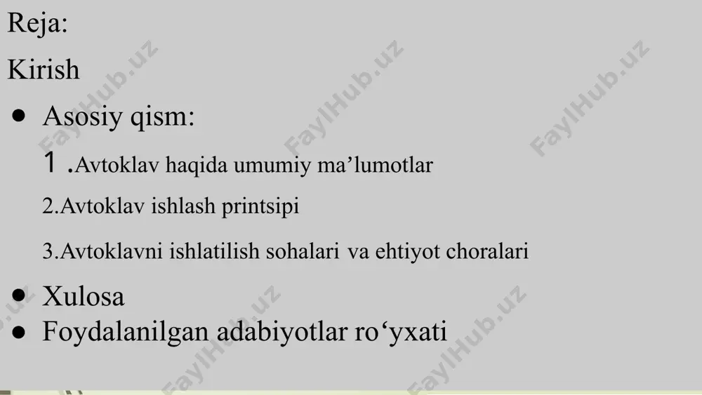 ni o'lchash uchun kerak. 7. suv tanki: sterilizatsiya jarayonida foydalaniladigan suv to'planadigan joy. 8. chiqish ventili: bosimni chiqarish va avtoklav ichidagi bug'larni tashqariga chiqarish uchun mo'ljallangan ventilyatsiya tizimi. ishlash printsipi: 1. suvni qizdirish: avtoklavning issiqlik manbai yordamida ichidagi suvni qizdiradi, natijada bug' hosil boʻladi. 2. bosim oshishi: suv bug'ga aylanganda, avtoklav ichidagi bosim oshadi, bu esa haroratni yuqoriga ko'taradi (odatda 121 °c dan 134 °c gacha). 3. sterilizatsiya jarayoni: yuqori harorat va bosim ostida mikroorganizmlar, viruslar va bakteriyalar o'lib ketadi, bu esa buyumlarning steril holatga kelishini ta'minlaydi. 1. profilaktik texnik xizmat ko'rsatish tartib-qoidalari quyidagilarni o'z ichiga olishi kerak: sterilizator shkafi kamerasini, eshikning muhrlanishini va barcha asboblar va boshqaruvchilarni malakali xodimlar tomonidan muntazam tekshirish. 2.to'yingan bug'dan foydalanish kerak va unda sterilizatsiya qilinadigan narsalarni ifloslantiruvchi korroziv inhibitorlar yoki boshqa kimyoviy moddalar bo'lmasligi kerak. 3.avtoklavga solinadigan barcha narsalar havoni chiqarib yuboradigan va yaxshi issiqlik o'tkazuvchanligiga ega bo'lgan idishga joylashtirilishi kerak; sterilizator shkafi bo'shashmasdan …