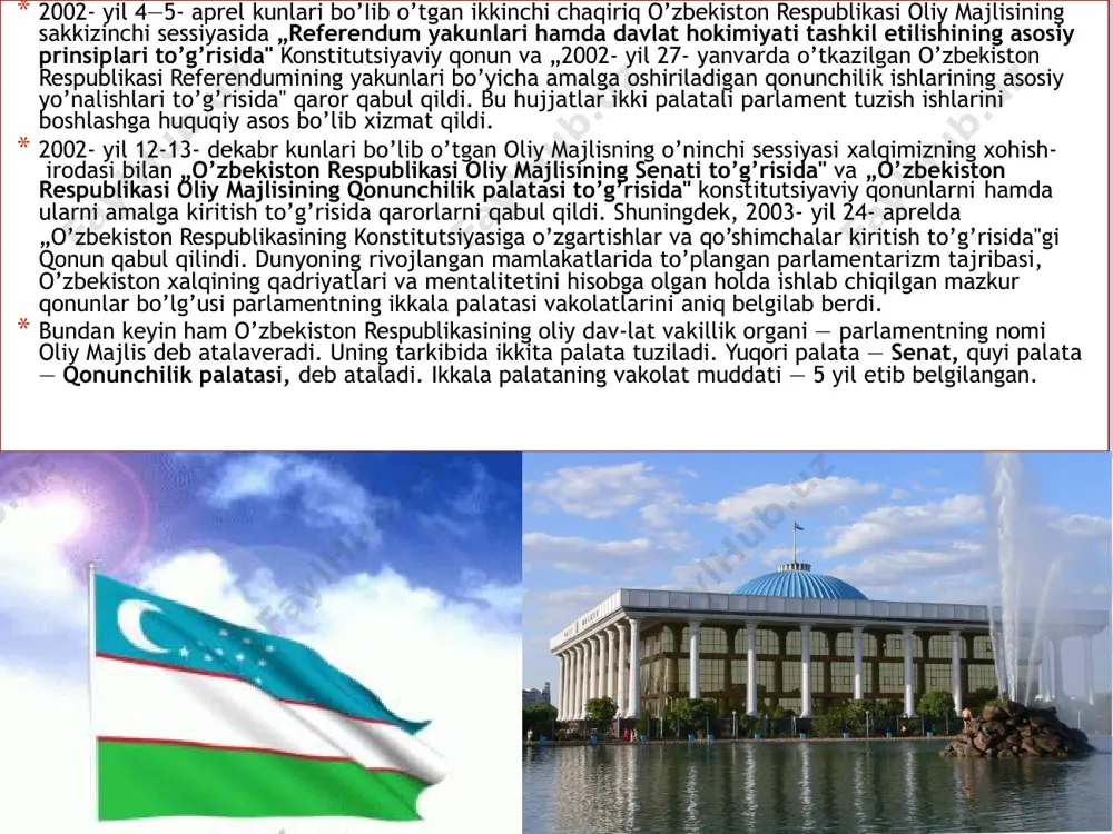 zbekiston respublikasi oliy majlisining inson huquqlari bo‘yicha vakili va uning o‘rinbosarini saylash; o‘zbekiston respublikasi hisob palatasining hisobotini ko‘rib chiqish; o‘zbekiston respublikasi prezidentining o‘zbekiston respublikasiga hujum qilinganda yoki tajovuzdan bir-birini mudofaa qilish yuzasidan tuzilgan shartnoma majburiyatlarini bajarish zaruriyati tug‘ilganda urush holati e’lon qilish to‘g‘risidagi farmonini tasdiqlash; o‘zbekiston respublikasi prezidentining umumiy yoki qisman safarbarlik e’lon qilish, favqulodda holat joriy etish, uning amal qilishini uzaytirish yoki tugatish to‘g‘risidagi farmonlarini tasdiqlash; xalqaro shartnomalarni ratifikatsiya va denonsatsiya qilish; ushbu konstitutsiyada nazarda tutilgan boshqa vakolatlarni amalga oshirish. palatalarning birgalikdagi vakolatlariga kiradigan masalalar, qoida tariqasida, avval o‘zbekiston respublikasi oliy majlisining qonunchilik palatasida, so‘ngra senatida ko‘rib chiqiladi. *vakolat muddati tugagach, o‘zbekiston respublikasi oliy majlisining qonunchilik palatasi va senati tegishincha yangi chaqiriq qonunchilik palatasi va senati ish boshlaguniga qadar o‘z faoliyatini davom ettirib turadi. *o‘zbekiston respublikasi oliy majlisi qonunchilik palatasi va senatining birinchi majlislari tegishincha qonunchilik palatasiga saylovdan keyin ikki oydan kechiktirmay va senat tarkib topganidan keyin bir oydan …