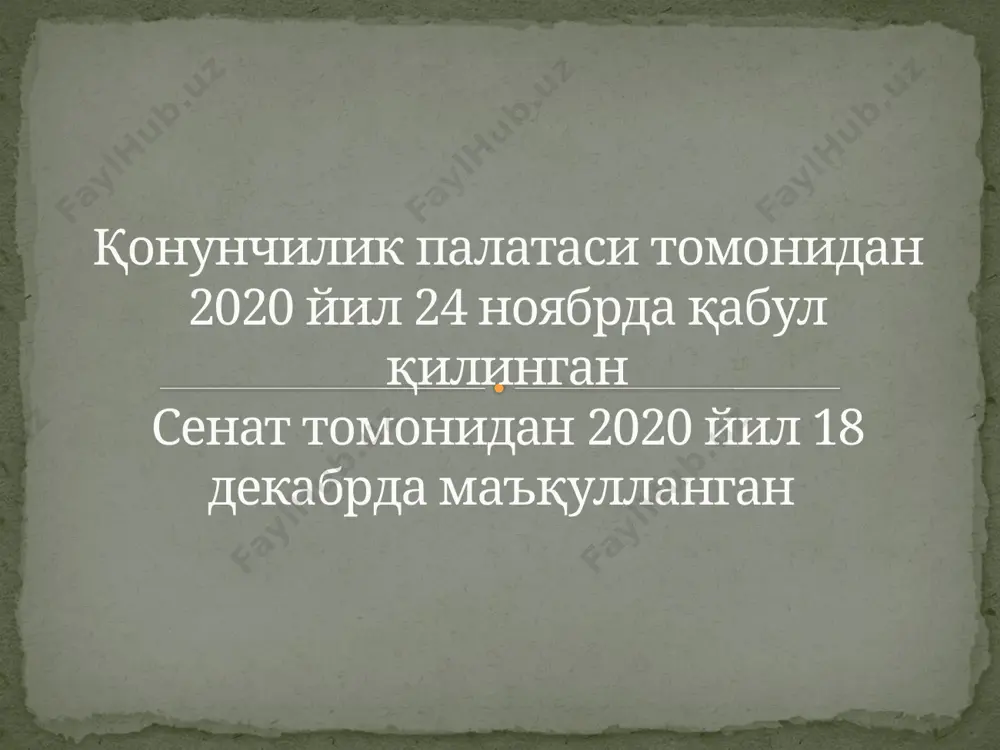 нг устуворлиги. ўзбекистон республикасида ўзбекистон республикаси конституцияси ва қонунларининг сўзсиз устуворлиги тан олинади. ўзбекистон республикасининг конституцияси олий юридик кучга эга ва ўзбекистон республикасининг бутун ҳудудида қўлланилади. ўзбекистон республикасининг қонунлари ва бошқа норматив-ҳуқуқий ҳужжатлар ўзбекистон республикасининг конституцияси асосида ва уни ижро этиш учун қабул қилинади ҳамда унинг нормалари ва принципларига зид бўлиши мумкин эмас. ўзбекистон республикаси олий мажлиси палаталарининг қарорлари ўзбекистон республикаси олий мажлиси палаталари ўзбекистон республикасининг конституцияси ва қонунлари асосида ҳамда уларни ижро этиш учун қарорлар тарзида норматив-ҳуқуқий ҳужжатлар қабул қилади. ўзбекистон республикаси президентининг фармонлари ва қарорлари ўзбекистон республикаси президенти ўзбекистон республикасининг конституцияси ва қонунлари асосида ҳамда уларни ижро этиш учун фармонлар ва қарорлар тарзида норматив-ҳуқуқий ҳужжатлар қабул қилади. норматив-ҳуқуқий ҳужжатлар лойиҳаларини тайёрлашни ташаббус қилиш ўзбекистон республикасининг қонун ҳужжатлари, ўзбекистон республикаси президентининг фармонлари ва қарорлари, ўзбекистон республикаси вазирлар маҳкамасининг қарорлари лойиҳаларини тайёрлашни ташаббус қилишга фақат, башарти давлат органларида кўтарилаётган масалаларни ёки муаммоларни қонунчиликда назарда тутилган механизмлар ва маъмурий тартиб-таомиллар орқали …
