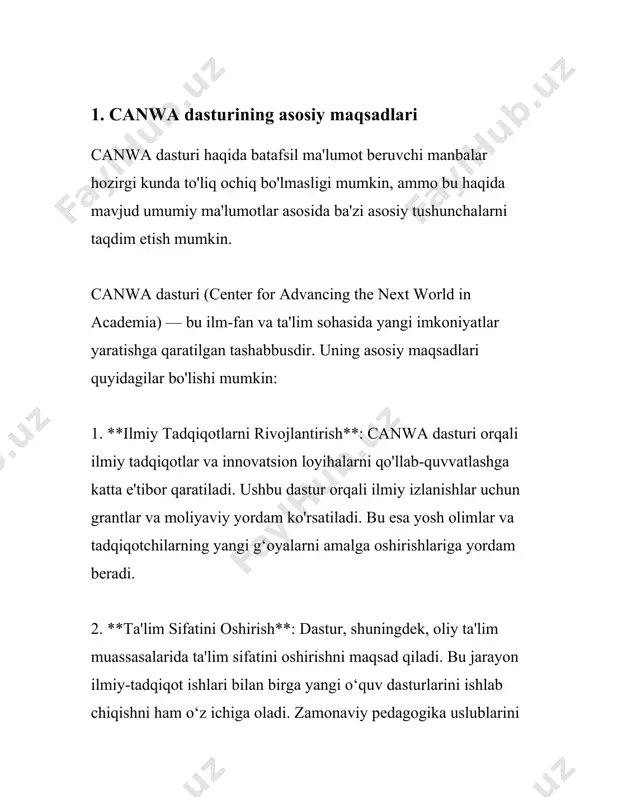 ydalanuvchilarga taqdim etayotgan imkoniyatlar haqida ma'lumotlar quyidagilardan iborat: 1. **avtomatlashtirish va boshqaruv**: canwa dasturi foydalanuvchilarga ishlab chiqarish jarayonlarini avtomatlashtirish va boshqarishni osonlashtiradi. buning orqali mehnat unumdorligi oshiriladi va inson omilidan kelib chiqadigan xatolar kamayadi. 2. **ma'lumotlarni yig'ish va tahlil qilish**: dastur foydalanuvchilari ishlab chiqarish jarayonida to'plangan ma'lumotlarni yig'ish va tahlil qilish imkoniyatiga ega bo'ladilar. ushbu jarayon orqali ular samaradorlikni oshirish va xarajatlarni kamaytirish yo'llarini aniqlashlari mumkin. 3. **integratsiya imkoniyatlari**: canwa dasturi turli tashqi tizimlar va ilovalar bilan integratsiya qilish imkonini beradi, shu sababli foydalanuvchilar barcha ma'lumotlarni bir joyda to'plab, ularni yagona platformada boshqarishi mumkin. 4. **rejalashtirish va nazorat qilish**: dastur loyihani rejalashtirish va uning bajarilishini nazorat qilish jarayonlarini soddalashtiradi. bu esa o'z navbatida vaqt va resurslar tejalishi, loyihaning o'z vaqtida bajarilishiga yordam beradi. 5. **tezkor qaror qabul qilish**: dastur, yig'ilgan real vaqt ma'lumotlari asosida, tezkor qarorlar qabul qilish uchun foydalanuvchilarga yordam beradi. bu esa o'z navbatida faoliyatni yanada tez va …