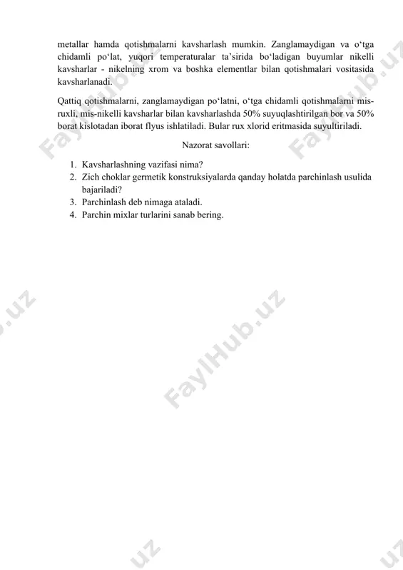 i kavshar ekanligini, sonlar misning protsentlardagi miqdorini bildiradi), shuningdek l63 markali latun ishlatiladi. kumushli kavsharlar - kumush, mis, rux va ba’zi boshqa elementlarning qotishmalari sifatlirok chok hosil qilishga imkon beradi. ular bilan qora va rangli metallar hamda qotishmalarni kavsharlash mumkin. zanglamaydigan va o‘tga chidamli po‘lat, yuqori temperaturalar ta’sirida bo‘ladigan buyumlar nikelli kavsharlar - nikelning xrom va boshka elementlar bilan qotishmalari vositasida kavsharlanadi. qattiq qotishmalarni, zanglamaydigan po‘latni, o‘tga chidamli qotishmalarni mis-ruxli, mis-nikelli kavsharlar bilan kavsharlashda 50% suyuqlashtirilgan bor va 50% borat kislotadan iborat flyus ishlatiladi. bular rux xlorid eritmasida suyultiriladi. nazorat savollari: 1. kavsharlashning vazifasi nima? 2. zich choklar germetik konstruksiyalarda qanday holatda parchinlash usulida bajariladi? 3. parchinlash deb nimaga ataladi. 4. parchin mixlar turlarini sanab bering. image1.jpeg