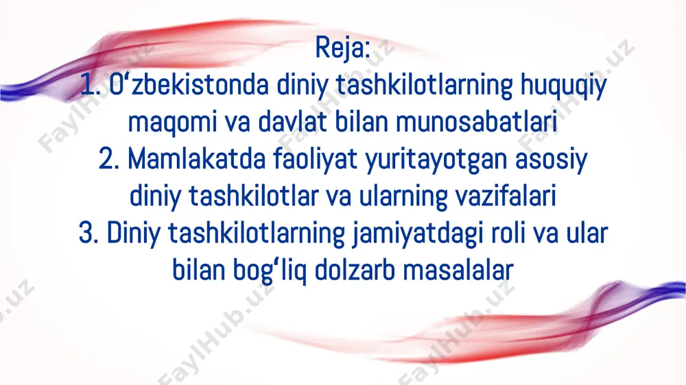 faoliyat yuritayotgan asosiy diniy tashkilotlar va ularning vazifalari oʻzbekistonda turli dinlarga mansub diniy tashkilotlar qonunchilik asosida ro‘yxatdan o‘tgan holda faoliyat yuritmoqda. ularning asosiy maqsadi — diniy e’tiqod erkinligini ta’minlash, diniy bilimlarni yoyish, ibodatlarni tashkil etish va jamiyatda ma’naviy-axloqiy qadriyatlarni rivojlantirishdir. islom diniy tashkilotlari: mamlakatda eng ko‘p tarqalgan din — islom dini bo‘lib, musulmonlar faoliyatini boshqaruvchi asosiy tashkilot bu oʻzbekiston musulmonlari idorasi hisoblanadi. ushbu idora diniy fatvolar chiqarish, masjidlarda faoliyat yuritayotgan imom-xatiblarni tayinlash va nazorat qilish, diniy taʼlim muassasalarini (masalan, madrasalar va islom institutlari) boshqarish bilan shug‘ullanadi. bundan tashqari, qur’on va boshqa diniy adabiyotlarni nashr etish, xayriya tadbirlarini o‘tkazish va haj-safarlarni tashkil etish ham ularning vazifalariga kiradi. xristian diniy tashkilotlari: o‘zbekistonda pravoslav, katolik va protestant yo‘nalishidagi xristian diniy jamoalari ham faoliyat yuritadi. o‘zbekiston pravoslav cherkovi — eng yirik xristian diniy tashkilot bo‘lib, u pravoslav e’tiqodiga mansub fuqarolar uchun diniy marosimlar, ibodatlar, diniy bayramlar va taʼlim xizmatlarini tashkil etadi. katolik va protestant …