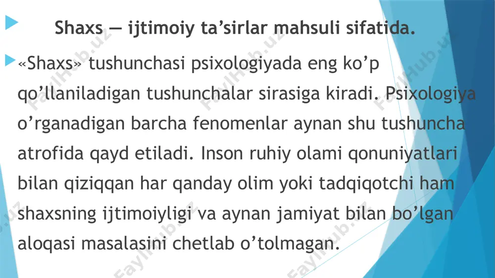aoliyatning subyekti bo’lmish individdir. shaxsga taaluqli bo’lgan eng muhim tasnif ham uning jamiyatdagi murakkab ijtimoiy munosabatlarga bevosita aloqadorlik, ijtimoiy faoliyatga nisbatan ham obyekt, ham subyekt bo’lishlikdir. ijtimoiy normalar, sanksiyalar va shaxs.ijtimoiy norma — shaxs hayotida shunday kategoriyaki, u jamiyatning o’z a’zolari xulq-atvoriga nisbatan ishlab chiqqan va ko’pchilik tomonidan e’tirof etilgan xarakatlar talablaridir masalan, o’zbeklar uchun biror xonaga kirib kelgan insonning kim bo’lishidan qat’iy nazar, «assalomu alaykum» deb kelishi — norma; o’quvchining o’qituvchi bergan topshiriqlarni bajarishi lozimligi — norma; xotinning er hurmatini o’rniga qo’yishi, qaynonaga gap qaytarmaslik — norma; avtobusda yoki boshqa jamoat transportida kichikning kattalarga, nogironlarga o’rin bo’shatishi — norma va hokazo. bu normalarni ayrim-alohida odam ishlab chiqmaydi, ular bir kun yoki bir vaziyatda ham ishlab chiqilmaydi. har bir alohida shaxs jamiyat tomonidan ishlab chiqilgan va qabul qilingan ijtimoiy normalar va sanksiyalarni u yoki bu ijtimoiy rollarni bajarishi mobaynida xulqida namoyon etadi. rol — shaxsga nisbatan shunday tushunchaki, uning konkret …