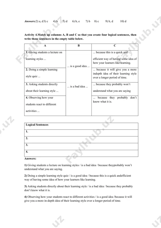 : students who learn well when moving their bodies group learners: students who learn well working with other people individual learners: students who learn well when working alone reflective learners: students who learn well by thinking things through impulsive learners: students who learn well by reacting quickly activity 6. make a note of which of the following learning style(s) activity would be suitable for you. learning styles match activity cards a creating a class newspaper with a group of friends b telling and listening to jokes with the teacher and whole class c recording voice messages on classmates' mobile phones; receiving and responding to other students’ messages d thinking back over a task conducted in l2 to recall new or problematic language the class would like the teacher to help with e making a class list of ten important spellings to learn this month f working alone, students find example …