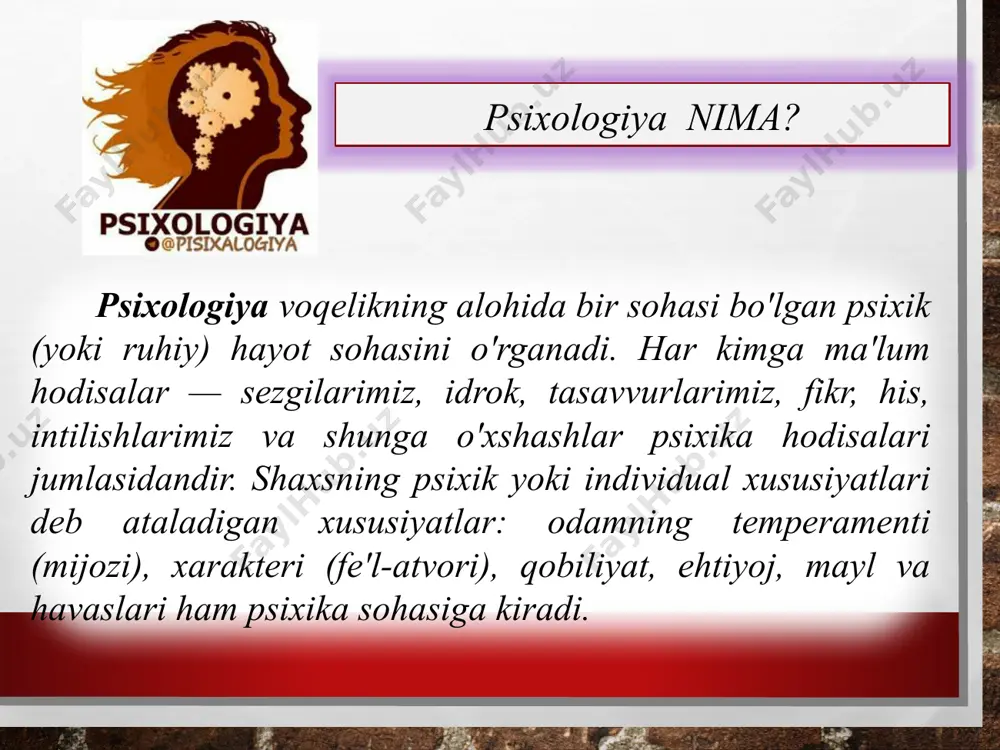 idagi hissiyotning qo'zg'alishlarida va kishidagi umumiy harakatchanlikda ko'rinadigan individual xususiyatdir. эътиборингиз учун рахмат! image4.jpeg image5.png image6.png image7.png image8.jpeg image9.jpeg image10.jpeg image11.jpeg image12.jpeg image13.jpeg image14.jpeg image15.jpeg image3.jpg image16.jpeg image1.jpeg image17.emf image18.emf image19.png image20.png image21.png psixologiyaning fan sifatida shakllanishi falsafa va tabiiy fanlarning rivojlanishi bilan chambarchas bog'liq edi. psixika haqidagi ilk g'oyalar ibtidoiy jamiyatda rivojlangan. qadim zamonlarda ham odamlar moddiy hodisalar, moddiy (narsalar, tabiat, odamla r) va nomoddiy (odamlar va narsalarning tasvirlari, xotiralar, kechinmalar) - sirli, ammo mustaqil ravishda mavjud bo'lishiga e'tibor berishgan. atrofdagi dunyo. antik davrning eng buyuk faylasufi demokrit (miloddan avvalgi v -iv asrlar) ruh ham atomlardan iborat, tananing o'lishi bilan ruh ham o'ladi, deb ta'kidlaydi. ruh harakatlantiruvchi printsipdir, u moddiydir. ruhning mohiyati haqida boshqacha fikr rivojlanadi platon (miloddan avvalgi 428 -348). platon ta’kidlaydiki, hamma narsaning asosi o‘zida mavjud bo‘lgan g‘oyalardir. g'oyalar o'z dunyosini tashkil qiladi, unga materiya dunyosi qarshi turadi. ularning o'rtasida vositachi sifatida - dunyo ruhi. platonning so'zl …
