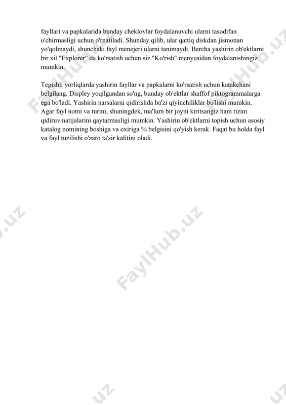 rsal rar arxivatori yaratildi. ushbu texnologiyalar endi har qanday operatsion tizimda mavjud, hatto qo'shimcha dasturiy ta'minotni o'rnatishga hojat yo'q. ushbu ko'rinishdagi fayl operatsiyalari virtual siqish sifatida ko'rib chiqiladi. siqish texnologiyalari shunchaki tizimga kerakli o'lcham o'rniga kichikroq hajmni aniqlashni buyuradi. arxivlash jarayonida papka yoki faylning ma'lumotlar hajmi o'zgarishsiz qoladi. faylni ko'rsatishni boshqarish faylning tuzilishi kabi tushunchani ob'ektlarning o'zini ko'rish imkoniyati nuqtai nazaridan ko'rib chiqish kerak. bugungi kunda zamonaviy kompyuter tizimlarining deyarli barcha foydalanuvchilari yashirin fayllar va papkalar kabi tushunchaga duch kelishdi. nima ular? bunday ob'ektlarning mavjudligi tizimning displeyda ma'lum bir cheklovga ega ekanligini ko'rsatadi. shunday qilib, masalan, tizim fayllari va papkalarida bunday cheklovlar foydalanuvchi ularni tasodifan o'chirmasligi uchun o'rnatiladi. shunday qilib, ular qattiq diskdan jismonan yo'qolmaydi, shunchaki fayl menejeri ularni tanimaydi. barcha yashirin ob'ektlarni bir xil "explorer" da ko'rsatish uchun siz "ko'rish" menyusidan foydalanishingiz mumkin. tegishli yorliqlarda yashirin fayllar va papkalarni ko'rsatish uchun katakchani belgilang. displey yoqilgandan so'ng, bunday ob'ektlar shaffof …