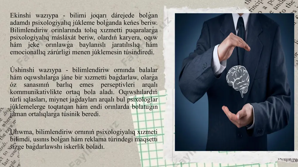 ekinshi waz ı ypa - bilimi joqar ı d á rejede bol ǵ an adamd ı psixologiyal ı q j ú kleme bol ǵ anda ke ń es beriw. bilimlendiriw or ı nlar ı nda tol ı q x ı zmetti puqaralar ǵ a psixologiyal ı q m á sl á x á t beriw, olard ı ń karyera, oq ı w h á m jeke or ı nlaw ǵ a baylan ı sl ı jarat ı l ı sl ı q h á m emocionall ı q z á r ú rligi menen j ú klemesin t ú sindiredi. ú shinshi waz ı ypa - bilimlendiriw orn ı nda balalar h á m oq ı wsh ı lar ǵ a j á ne bir x ı zmetti ba ǵ darlaw, olar ǵ a ó z sanas ı n ı ń barl ı q emes perseptivleri arqal ı kommunikativlikte ortaq …