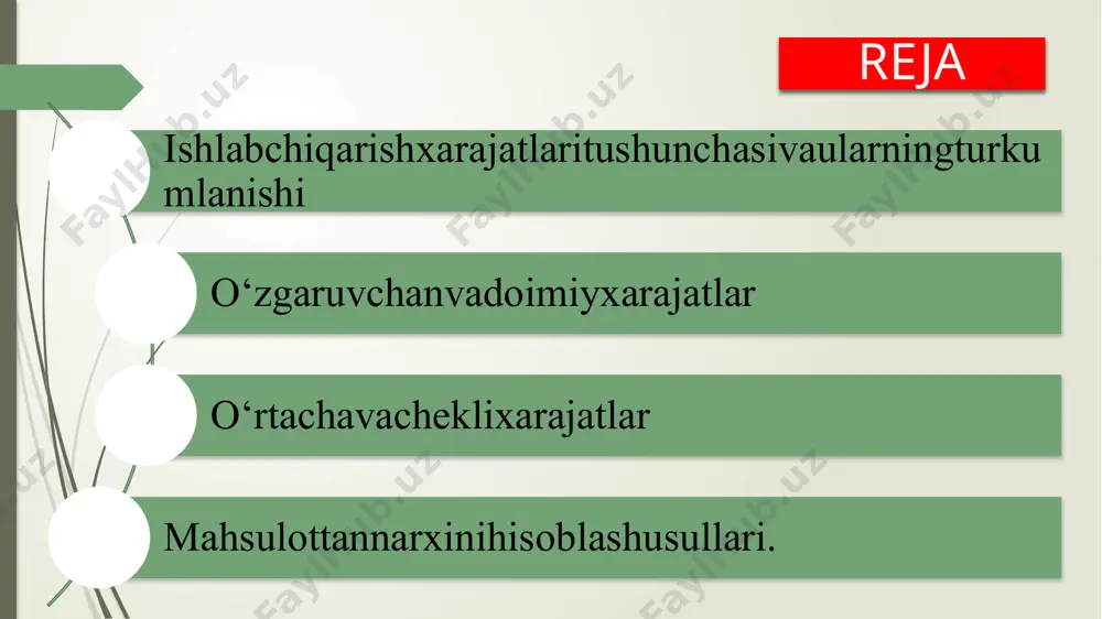 shlab chiqarish uskunalaridan foydalanish bilan bog`liq xarajatlar, ijara haqi, kapital ta′mirlash, ma′muriy xarajatlar kiradi. o`zgaruvchan xarajatlar(varaible cost =tvc) — bevosita ishlab chiqarish hajmi bilan bog’liq harajatlardir, ya’ni xom ashyo, materiallar, yoqilg`i, elektr energiya, ish haqi va shunga o`xshashlardan iboratdir. *o`zgaruvchan xarajatlarning grafik ko’rinishi: umumiy xarajatlar (tc - total cost) - qisqa muddatli orliqda ma’lum miqdorda mahsulot ishlab chiqarish uchun sarflangan o‘zgarmas va o‘zgaruvchan xarajatlarning yig‘indisiga teng: tc=tfc+tvc bu yerda: tfc - o‘zgarmas xarajat, tvc - o‘zgaruvchan xarajat. umumiy xarajatlar egri chizig‘i o‘rtacha umumiy xarajatlarni umumiy xarajatni ishlab chiqarilgan mahsulot miqdoriga bo‘lish yo‘li bilan aniqlash mumkin: atc=tc/q yoki o‘rtacha o‘zgarmas (afc) va o‘rtacha o‘zgaruvchan (avc) xarajatlarni qo‘shish yo‘li bilan aniqlanadi: atc=afc+avc=(fc+vc)/q o’rtacha o’zgarmas harajatlar(afc)-bir birlik mahsulotga to’g’ri keladigan o’zgarmas xarajat bo’lib,u quyidagicha hisoblanadi; afc=fc/q q tfc, afc tfc afc oʼrtacha oʼzgaruvchan xarajatlar (avc - average variable cost) - bir birlik ishlab chiqarilgan mahsulotga toʼgʼri keladigan oʼzgaruvchan xarajat boʼlib, u oʼzgaruvchan xarajat …