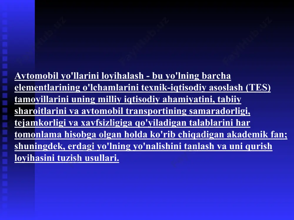 ehnat va mablag‘ talab qiladi. * 13 yo'l ishlari katta hajmdagi ishlarni bajarish va katta miqdordagi qurilish materiallarini sarflash bilan bog'liq mehnat talab qiladigan jarayonlardan biridir.shunday qilib, 1 km asfalt-beton qoplamali avtomobil yo'lini tekis maydonda shag'al asosda qurish uchun 4,5-5 ming m3 gacha shag'al, 2,5 ming m3 gacha qum etkazib berish va 20-gacha o'zlashtirish kerak. 30 ming m3 tuproq.yo'l qoplamalarini qurish uchun zarur bo'lgan tosh materiallar ko'pincha temir yo'l va suv transportida bir necha yuz kilometr masofalarga tashilishi kerak.yo'l qurilish ishlarini amalga oshirish qurilish jabhasini o'nlab va yuzlab kilometrlarga uzaytirish bilan murakkablashadi, bu esa ishlarni tashkil etishning o'ziga xos shakllari va usullaridan foydalanishni talab qiladi. * 13 yo'l qurilishi sur'atlarini rivojlantirish uni yanada sanoatlashtirish, butun qurilish jarayonini avtomatlashtirish va kompleks mexanizatsiyalash, malakasiz ishchi kuchidan foydalanishni qisqartirishga asoslanishi kerak.kapital qurilishning boshqa sohalarida bo'lgani kabi, yo'l loyihalarida ham yig'ma-beton konstruktsiyalar va yig'ma qismlardan keng foydalanishga e'tibor qaratish lozim.yo‘l qurilishida ishlarni kompleks mexanizatsiyalash …