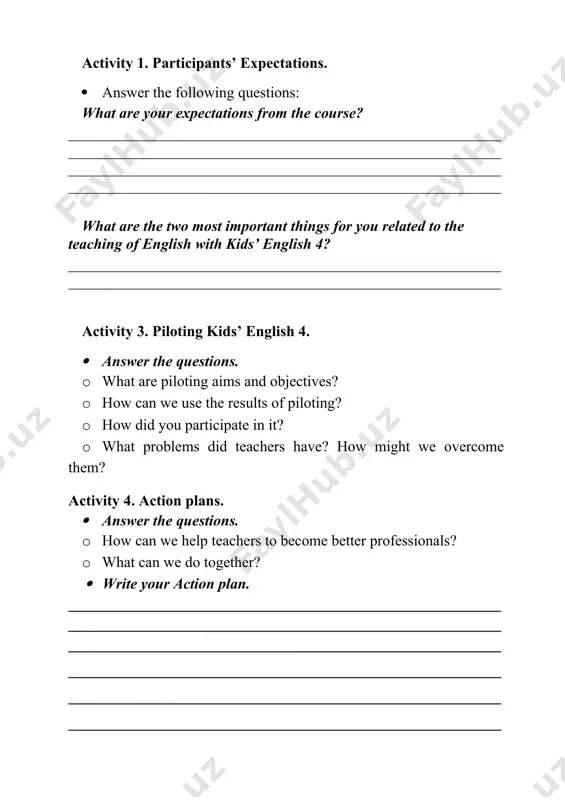 n the teacher’s book say? ________________________________________________________ ________________________________________________________ ________________________________________________________ ________________________________________________________ ________________________________________________________ activity 3. possible reasons of time management problems. objectives: to discuss possible reasons of time management problems; to find possible solutions. time: 15 min. materials: handout 1, handout 2. · answer the questions: · why is it important to check pupils’ homework? · is it good to have separate time for homework checking? · is the time allocated for homework checking enough? · look at handout 2. answer the questions: · how long is the first activity? · how long will it take to check the homework? handout 1. unit 1 lesson 4 project. aims learning outcomes vocabulary and structure required equipment educational: – to revise all the learnt material from unit 1 developing: – to develop the pupils’ writing and speaking skills socio-cultural: - to raise awareness of preparing and conducting interview by the end of the lesson, pupils …