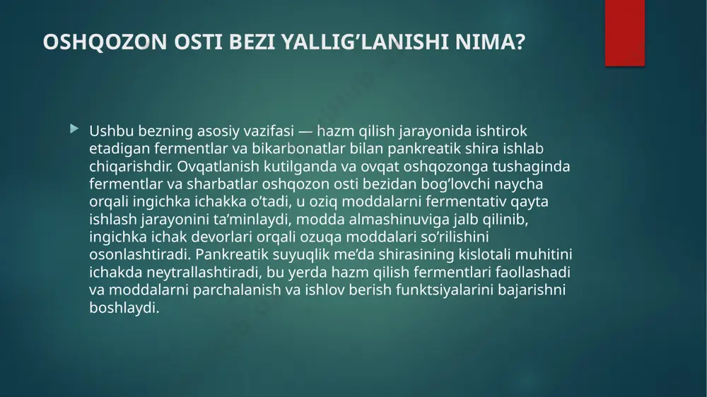 la boshlaydi. ba’zan, me’da osti bezi nekrozi bilan kechadigan og’ir hollarda, pankreatit o’limga olib kelishi mumkin. ayollarda pankreatitning etiologiyasi pankreatit va xolesistit rivojlanishiga olib keladigan o’t-tosh kasalligi; me’da osti bezining yallig’lanish jarayonlariga sabab bo’ladigan gormonal o’zgarishlar va buzilishlar: homiladorlik, menopauza, gormonal kontratseptivlarni qo’llash; ochlik, sog’likka ziyon yetkazadigan parhezlarga amal qilish. kattalarda kasallikning reaktiv shakllari sababi ikkilamchi yoki reaktiv pankreatit mavjud kasalliklar fonida va qorin bo’shlig’ining shikastlanishlari, jarrohlik aralashuvi va boshqa sabablarga ko’ra rivojlanadi. reaktiv pankreatitning rivojlanishiga yordam beruvchi eng tez-tez uchraydigan omillar hazm qilish tizimining kasalliklari hisoblanadi, ularga: noinfektsion gepatit; o’t-tosh kasalligi; gastrit; jigar sirrozi; safro yo’llari diskineziyasi; ichak infektsiyalari kiradi. o’tkir bosqichining alomatlari o’tkir pankreatitda fermentlar bevosita oshqozon osti bezida faollashib, uning hujayralariga ta’sir qila boshlaydi. shunday qilib, yog’larni parchalaydigan lipaza fementi ta’siri to’qimalarning yog’li distrofiyasiga olib keladi. oqsillarni hazm qilishga yordam beruvchi tripsin fermenti, turli xil kimyoviy reaktsiyalarni yuzaga keltirib, bez to’qimalarining shishishi va hujayralarining nekroziga sabab bo’ladi. …