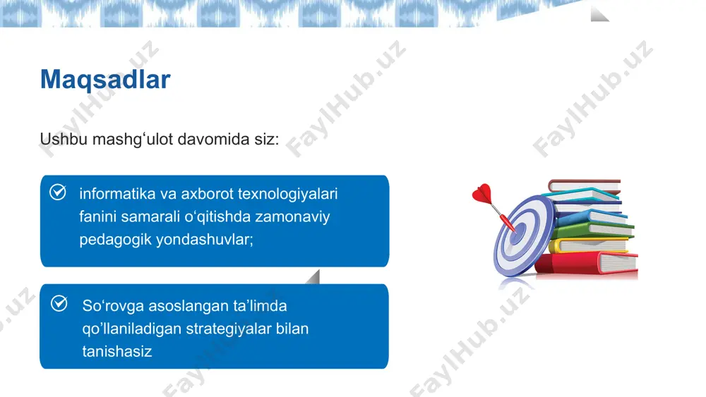 lar, ushbu slaydda o’quv dasturlari o’z ichiga oluvchi — texnik kontent va yumshoq ko‘nikmalar (soft skills)ga yo‘naltirilgan kontent keltirilgan. texnik kontent deganda biz o‘quv dasturining asosiy mazmunini tushunamiz, masalan: axborot savodxonligi, media savodxonlik, raqamli savodxonlik. bu yo‘nalishlar o‘quvchilarga aniq bilimlar va amaliy ko‘nikmalarni beradi. ular raqamli dunyoda mustahkam tayyorgarlikka ega bo‘lishi uchun zarurdir. yumshoq ko‘nikmalarni o‘rgatishga qaratilgan kontent esa quyidagilarni qamrab oladi: muloqot qilish, muammoni hal qilish, tanqidiy fikrlash, kreativ fikrlash. bu ko‘nikmalar o‘quvchilarning ijtimoiy-emosional rivoji, jamoada ishlash qobiliyati va shaxsiy samaradorligini oshiradi. ushbu ikki kontent ta’limdagi zamonaviy metodlar va ta’lim strategiyalari bilan uyg‘unlashtirilgan holda qo‘llansa, natijalar yanada samarali bo‘ladi. bu — kelajak uchun raqobatbardosh shaxsni shakllantirish yo‘lidagi muhim qadamdir. dars jarayonida quyidagi yondashuvlardan qaysilarini qo‘llaysiz? endi esa, hurmatli ishtirokchilar, siz bilan bir oz fikr almashamiz. slaydda berilgan savolga e’tibor bering: dars jarayonida quyidagi yondashuvlardan qaysilarini qo‘llaysiz? bu savol orqali sizni o‘z amaliyotingizga nazar tashlashga va hozirgacha qanday metodlarni qo‘llab …