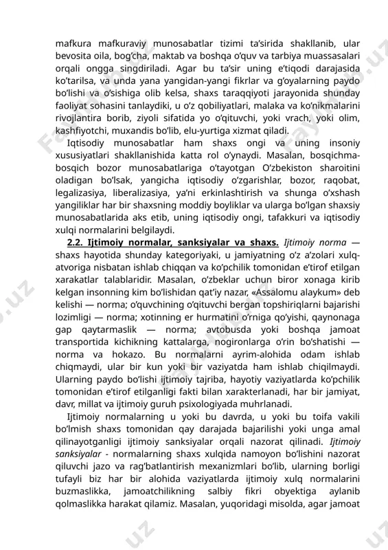 cha tartib — qoidalarni qabul qiluvchi subyekt bo’lsa, jamiyat-ijtimoiy intizom va tartibning, madaniyatning mufassal ko’rinishidir. shaxs ijtimoiy xulqiga turli tashqi kuchlar ta’sir qiladi: siyosiy, mafkuraviy, iqtisodiy, ma’naviy, ahloqiy va boshqalar. bu ta’sirotlar mohiyatan aslida jamiyat a’zolari bo’lmish shaxslar o’rtasidagi o’zaro munosabatlarning ayrim alohida yo’nalishlarini belgilab beradi. shunday qilib, shaxs turli ijtimoiy munosabatlar tizimi ta’sirida bo’ladi va ko’plab ijtimoiy institutlar (oila, mahalla, o’quv maskanlari, mehnat kollektivlari, norasmiy tashkilotlar, din, san’at, madaniyat va boshq.) bilan bog’liq bo’ladi. masalan, shaxsdagi turli g’oyalar, fikrlar va mafkura mafkuraviy munosabatlar tizimi ta’sirida shakllanib, ular bevosita oila, bog’cha, maktab va boshqa o’quv va tarbiya muassasalari orqali ongga singdiriladi. agar bu ta’sir uning e’tiqodi darajasida ko’tarilsa, va unda yana yangidan-yangi fikrlar va g’oyalarning paydo bo’lishi va o’sishiga olib kelsa, shaxs taraqqiyoti jarayonida shunday faoliyat sohasini tanlaydiki, u o’z qobiliyatlari, malaka va ko’nikmalarini rivojlantira borib, ziyoli sifatida yo o’qituvchi, yoki vrach, yoki olim, kashfiyotchi, muxandis bo’lib, elu-yurtiga xizmat qiladi. …