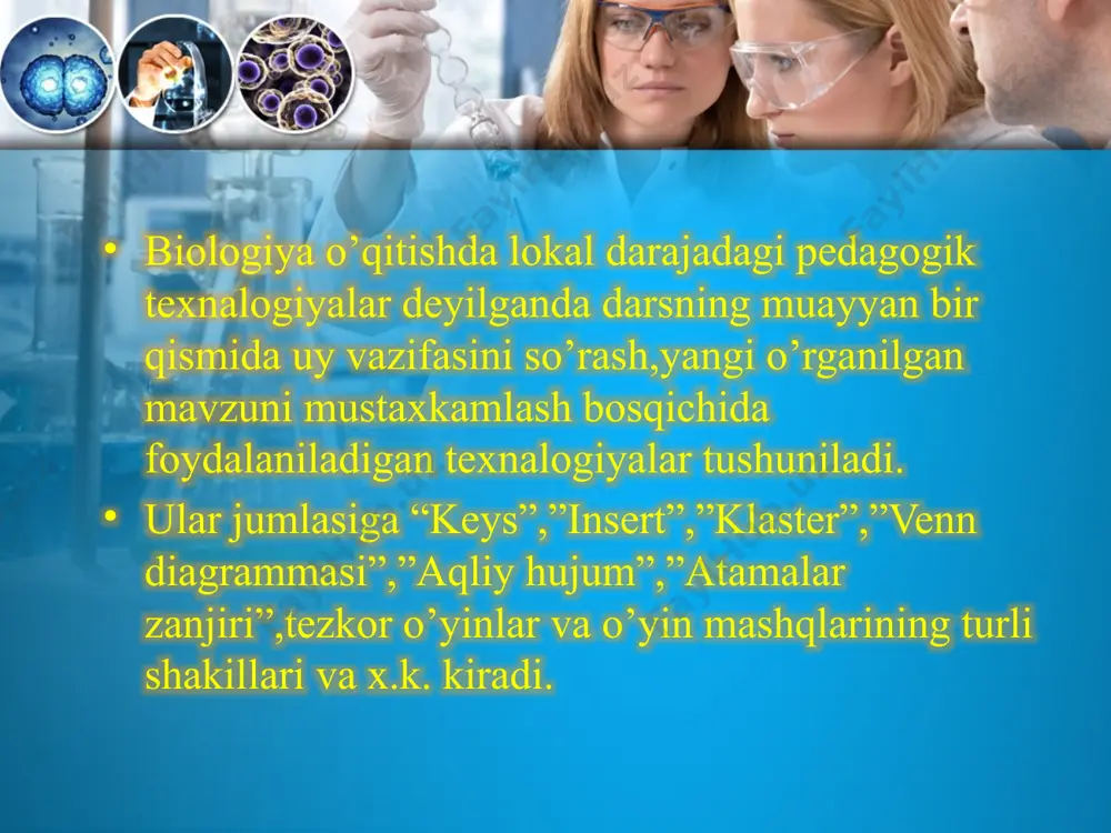 ’quv topshiriqlari tuziladi.shu o’quv topshiriqlari asosida,xar bir modul yakunida savol javob o’tkaziladi va xulosa chiqariladi. foydalanilgan adabiyotlar: 1.j.o.tolipova,a.t.g’ofurov “biologiy o’qitish metodikasi” toshkent 2012-yil 2.ziyo.net 3.bibloteka.uz e'tiboringgiz uchun rahmat!!! image2.jpg image3.jpg image4.jpg image5.png image1.jpeg