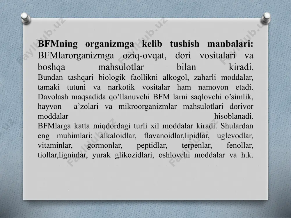 , bolgar qalampiri, apelsin va greyfurt tarkibida ko’p miqdorda bo’ladi. karotenoidlar erkin radikallarni ushlab, zararsizlantiradi. karotenoidlarni o'z ichiga olgan oziq-ovqat mahsulotlarini iste'mol qilish oksidlanishning tezlashishiga va tanadagi begona moddalarning yo'q qilinishiga yordam beradi. fenollar va polifenollar fenollar va ularning birikmalari orasida flavonoidlar eng ko'p o'rganilgan. bugungi kunda flavonoidlarning 5000 ga yaqin vakili aniqlangan, o'rganilib tavsiflangan. flavanonlar - sitrus mevalarida mavjud bo'lgan flavonoidlarning o'ziga xos sinfidir. ular shuningdek sabzavotlarda, ammo faqat ayrim turlarida va juda oz miqdorda mavjud. flavanonlar tarkibiga hesperitin, antosiyaninlar va proantosianidinlar kiradi. ushbu moddalar olma, qora va qizil smorodina, qora choy, shokolad va sitrus mevalarning barcha turlarida mavjud. mazkur faol moddalarning barchasi aterosklerotik kasalliklarning rivojlanishiga to'sqinlik qiladi, yurak-qon tomir kasalliklarining oldini olishga yordam beradi. tiollar karam va boshqa sabzavotlarda oltingugurt bor biologik faol moddalar mavjud. ular tarkibiga bir nechta kichik guruhlar - indollar, ditioltionlar va izotiosiyanatlar kiradi. ushbu faol moddalarni iste'mol qilish o'pka, oshqozon, yo'g'on ichak va to'g'ri …