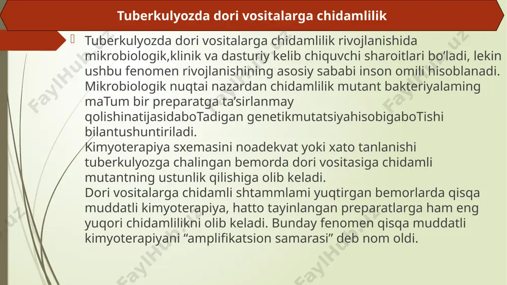 ri vositalari guruhlari. 3- guruh. barcha bemorlarga, agar m.tuberculosis shtammi 3-guruhdagi preparatlardan biriga sezuvchan yoki dori vositasining samarasi ehtimoli botsa, ushbu dori vositasidan tayinlash kerak. ftorxinolonlar gumhidagi yangi preparatlardan levofloksatsin yoki moksifloksatsinni tayinlash mumkin (siprofloksatsinni tb va kdch-tb ni davolashda tavsiya qilinmaydi). 4- guruh. etionamid (yoki protionamid) ko‘pincha kimyoterapiya sxemasiga kiritiladi. paraaminosalitsil kislotasini (pask) ustida qobig‘i botgani sabab bemorlar yaxshi ko‘targani uchun davolash sxemasiga kintish mumkm. agar 2 ta dori vositasini qotlash zarurati tugtlsa, kimyoterapiya sxemasiga sikloserinni qo‘shish mumkin. etionamidni (yoki protionamidni) pask bilan kombinatsiyada qotlash ko‘pincha me’da-ichakda nojo‘ya ta’sirlar va gipotireozga olib keladi. sikloserinni shunday samaraga ega botgan terizidinga almashtirish mumkin. kdch-tb ga chalingan bemorlarni davolash uchun dori vositalari guruhlari. kdch-tb ga chalingan bemorlarni davolash uchun dori vositalari guruhlari. dori vositalarga chidamli (kdch) tuberkulyozni davolashdagi asosiy tamoyillar • har qanday davolash sxemasini tuzish uchun asosiy tamoyillar: • davolash sxemasi bemorlar anamnezida awal qabul qilgan preparatlarga asoslanishi kerak. • davolash …